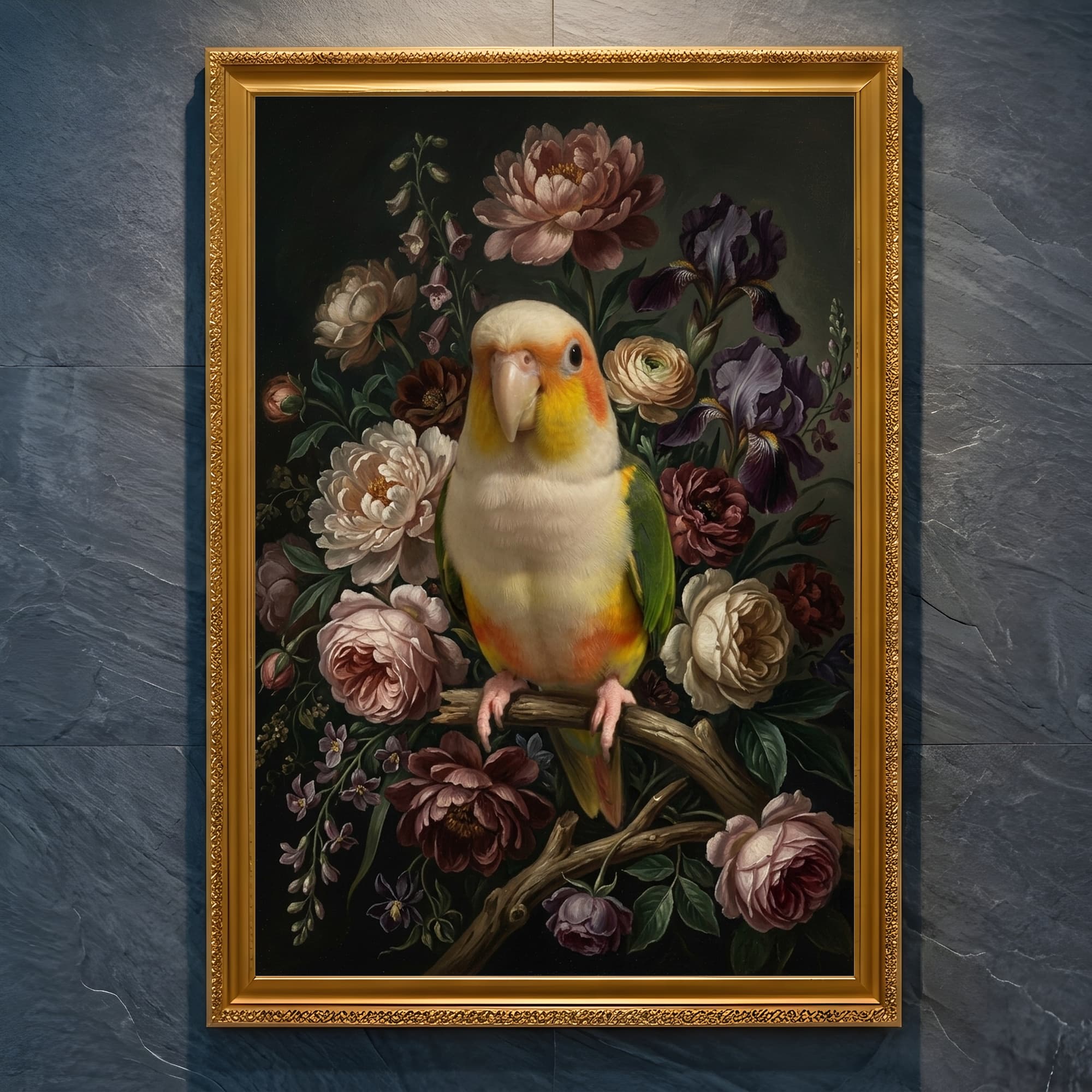 White-bellied Caique Floral Oil-Painting Floral Framed Art Print (A4 Gold)