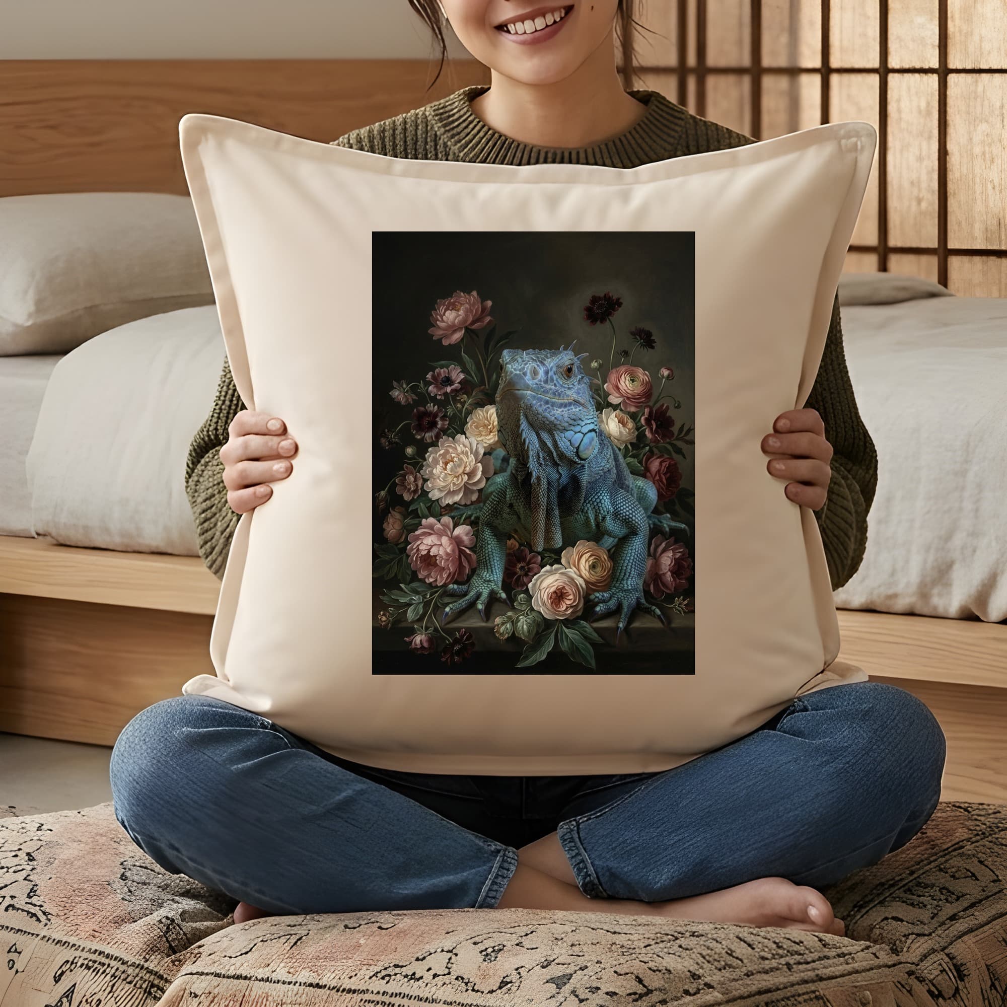 ブルーイグアナの花の油絵風アート花柄クッション 3