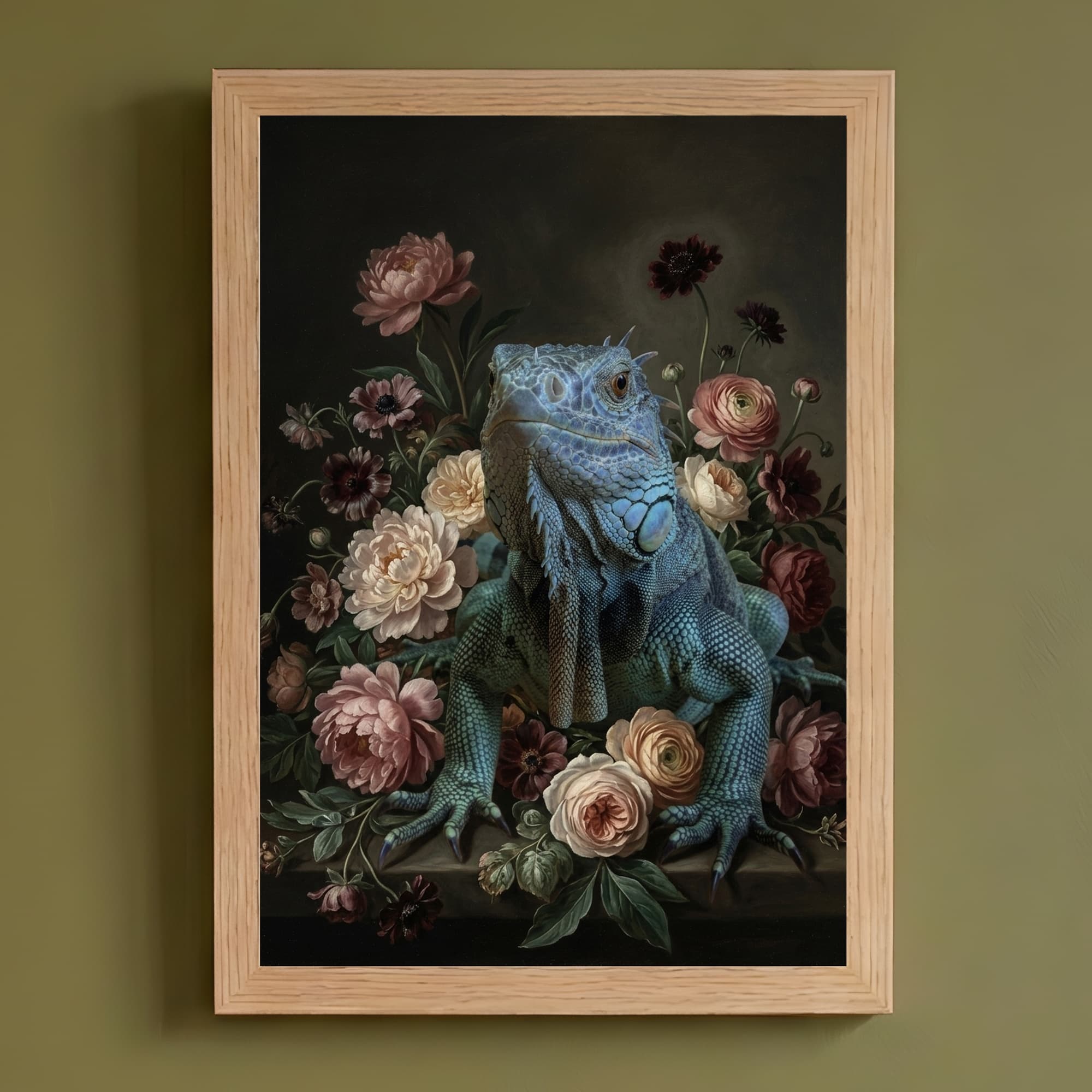 Blue Iguana Floral Oil-Painting Floral Framed Art Print (A4)