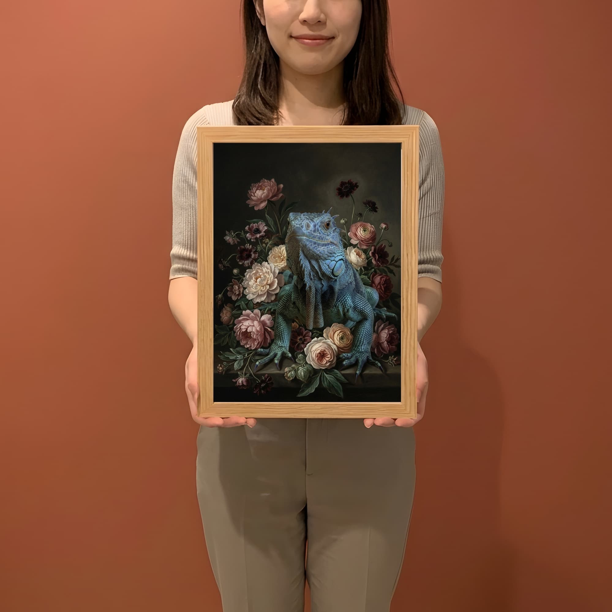 Blue Iguana Floral Oil-Painting Floral Framed Art Print (A4) 2