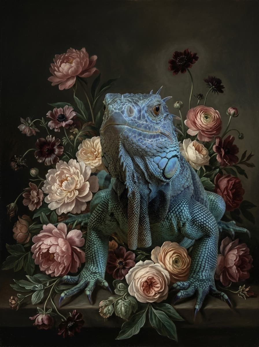 Blue Iguana Floral Oil-Painting Floral Framed Art Print (A4) 4