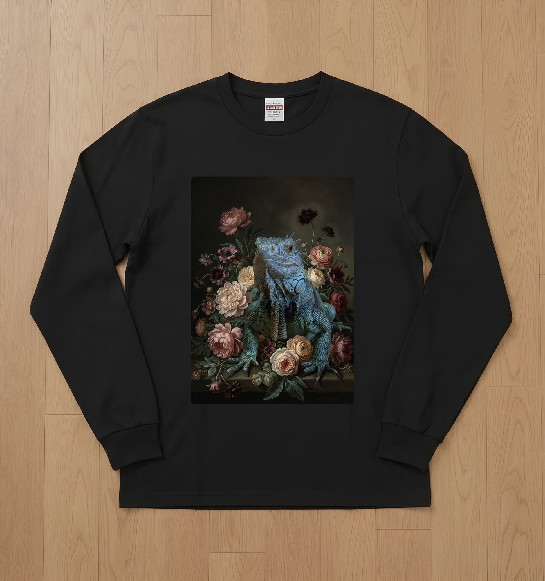 Blue Iguana Floral Oil-Painting Floral Long Sleeve T-Shirt (Black)