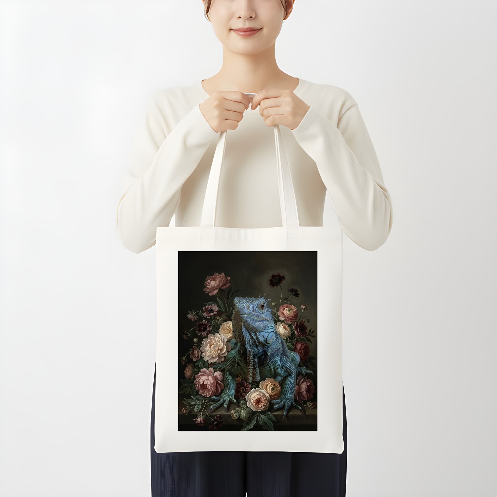 ブルーイグアナの花の油絵風アート花柄トートバッグ 3