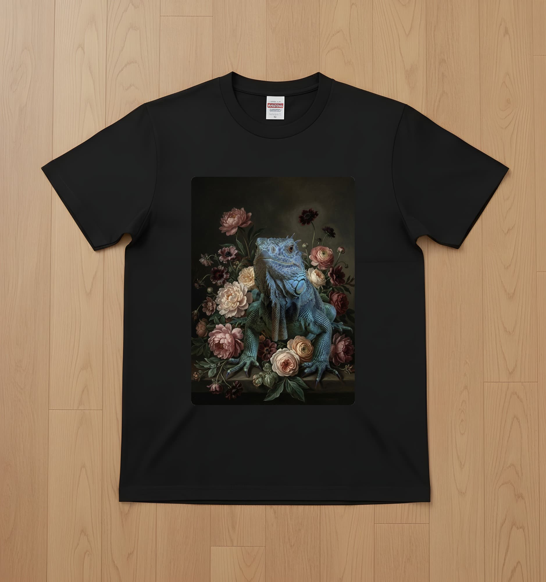 ブルーイグアナの花の油絵風アート花柄Tシャツ(ブラック)