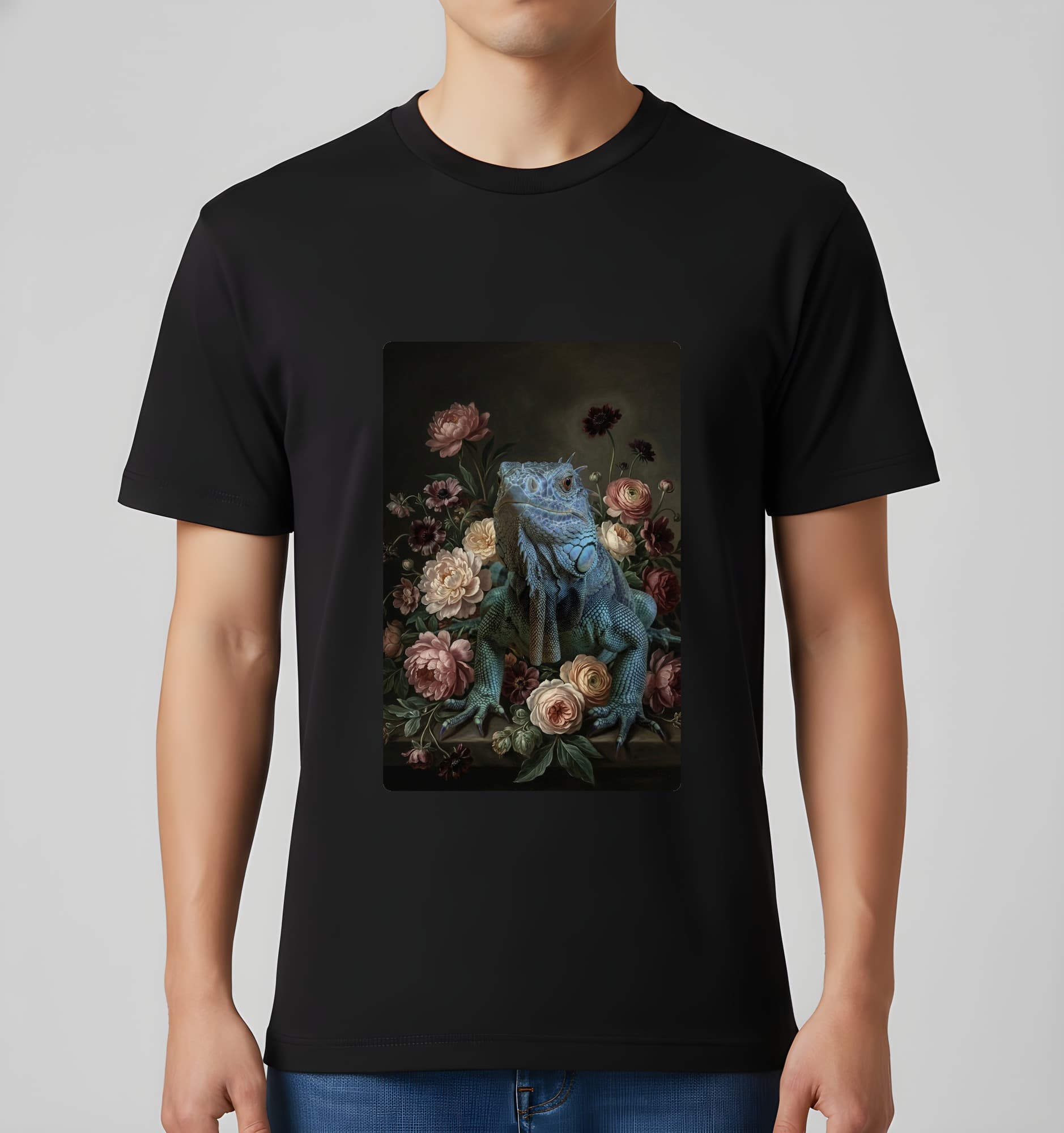 ブルーイグアナの花の油絵風アート花柄Tシャツ(ブラック) 3