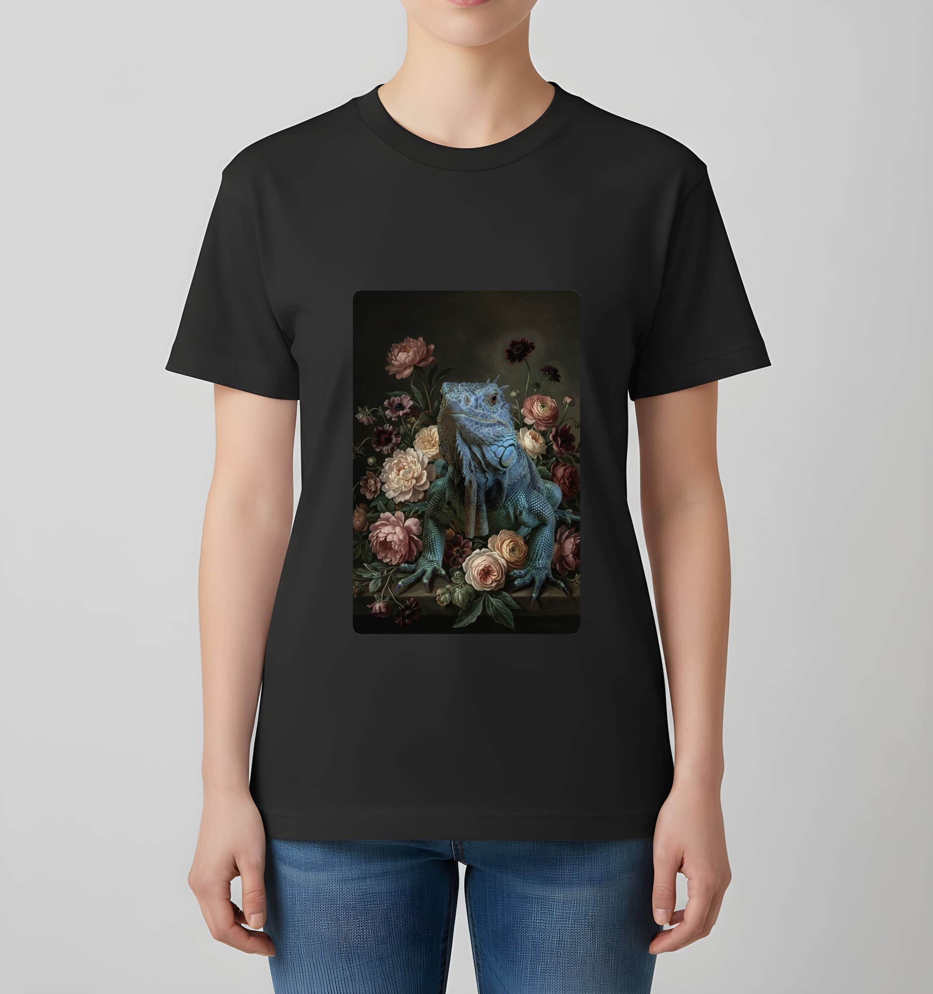 ブルーイグアナの花の油絵風アート花柄Tシャツ(ブラック) 4