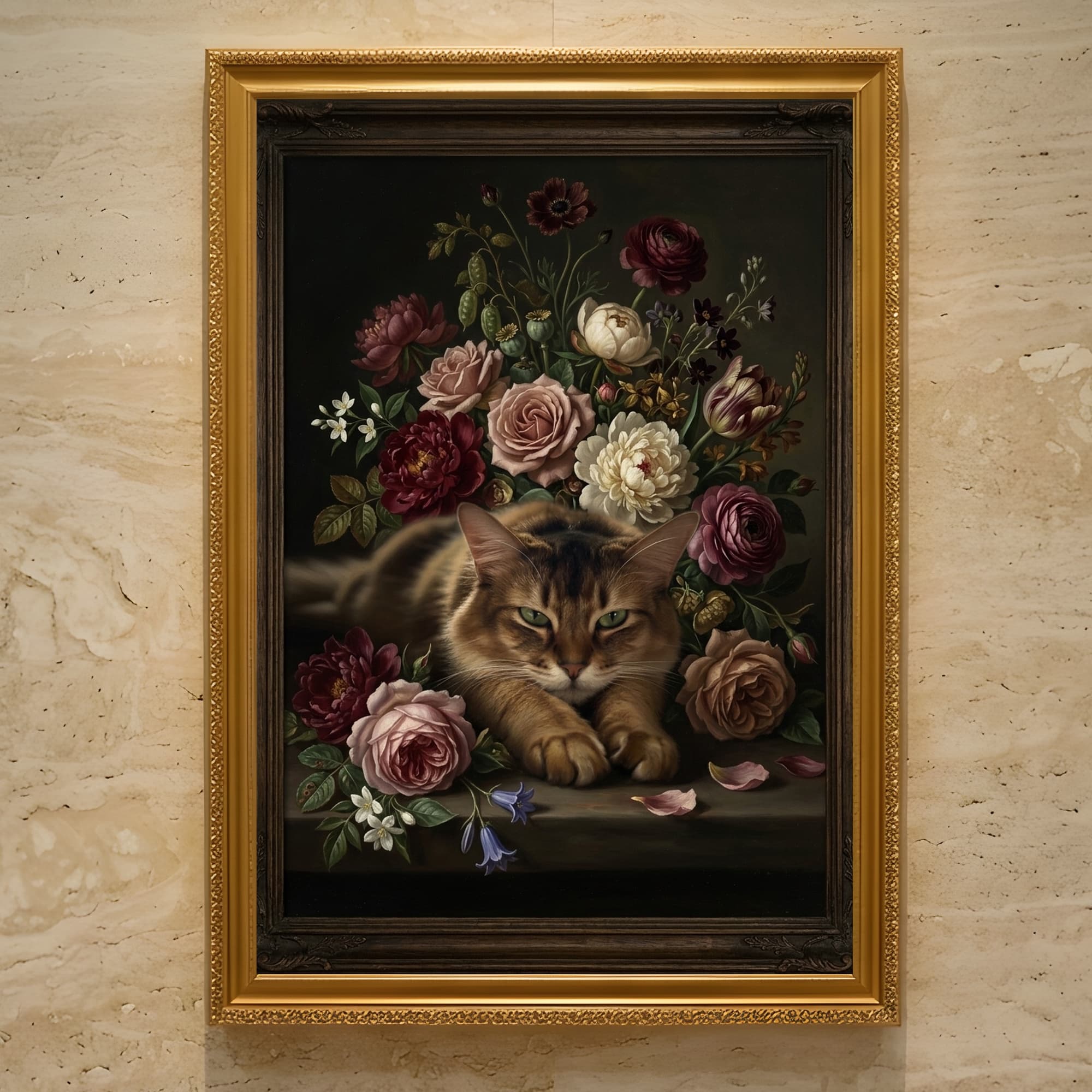 アビシニアンの花の油絵風アート花柄額装プリント(A3サイズ)