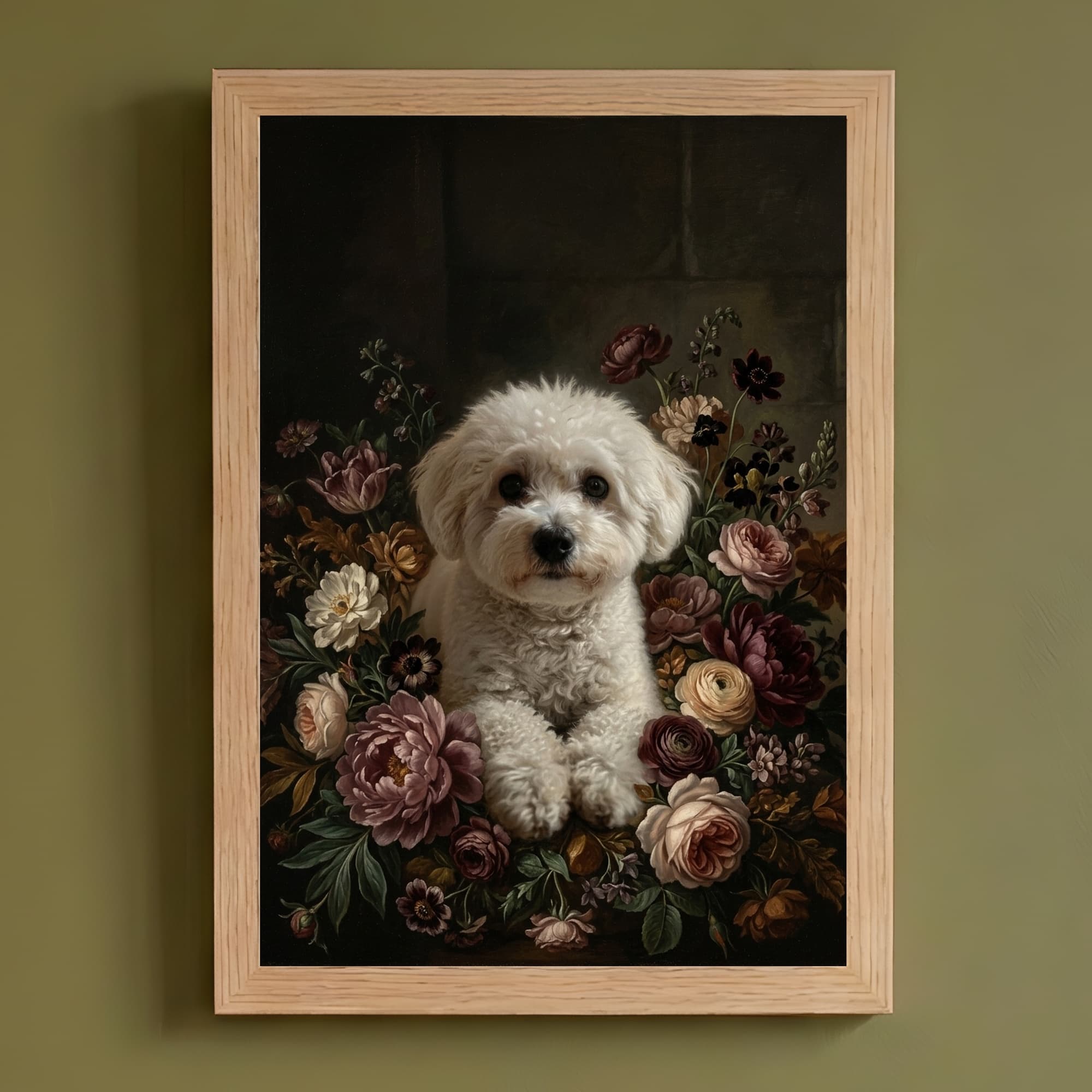 ビションフリーゼの花の油絵風アート花柄額装プリント(A4サイズ)
