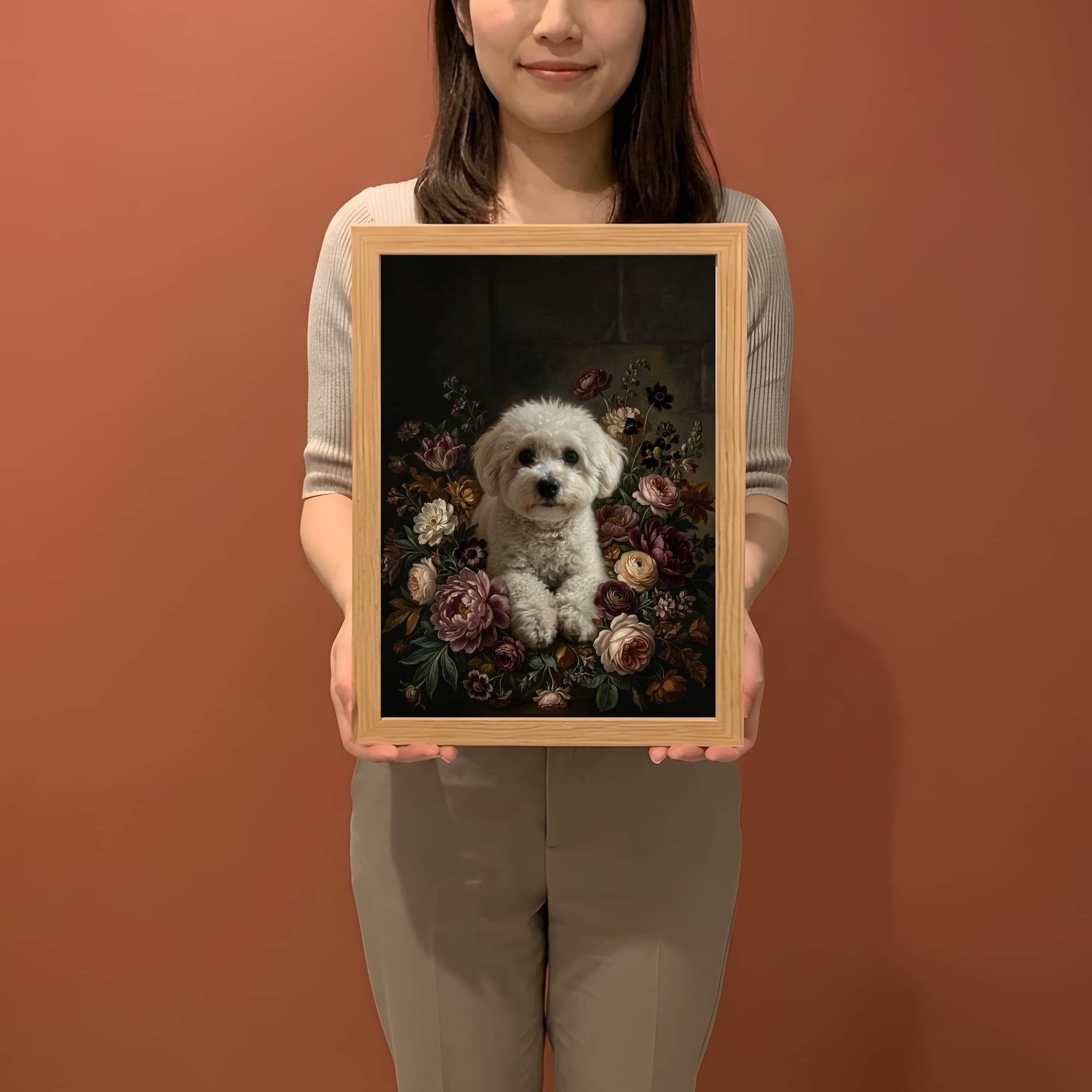 ビションフリーゼの花の油絵風アート花柄額装プリント(A3サイズ) 2