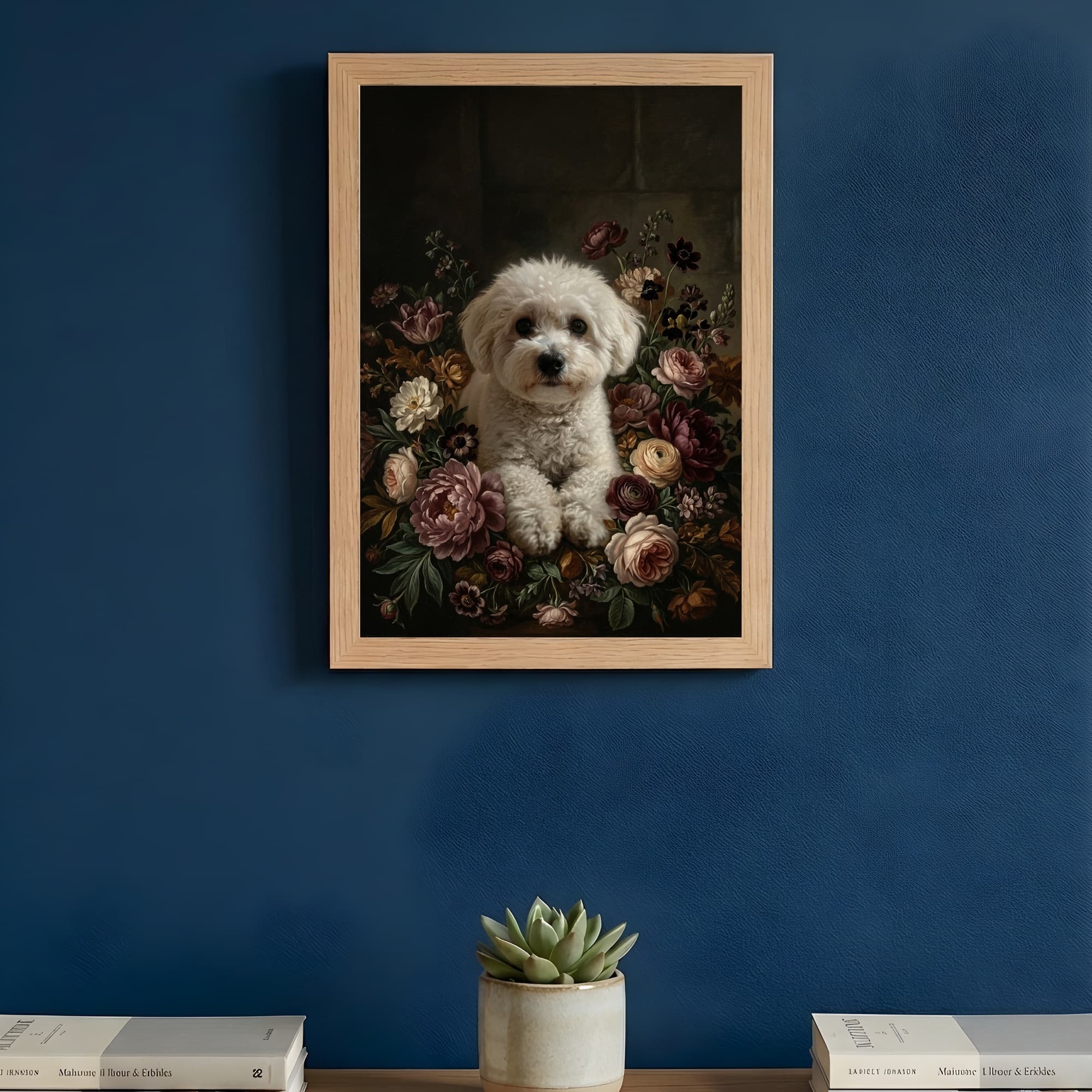ビションフリーゼの花の油絵風アート花柄額装プリント(A3サイズ) 3