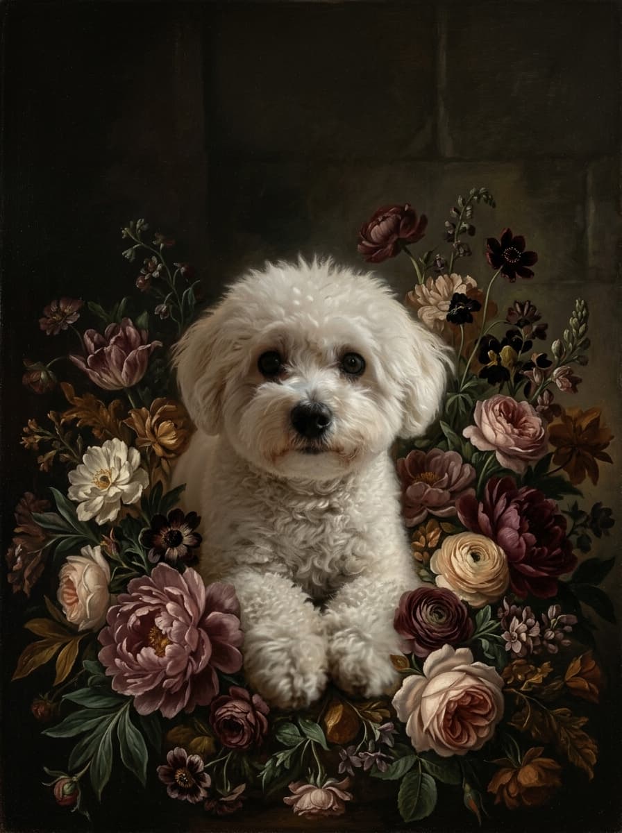 ビションフリーゼの花の油絵風アート花柄額装プリント(A3サイズ) 4