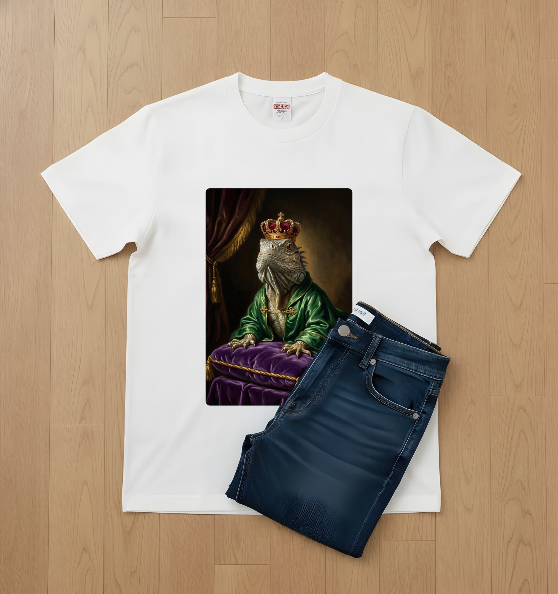 トゲオイグアナのルネサンス肖像画Tシャツ(ホワイト・カラープリント・額縁なし) 2
