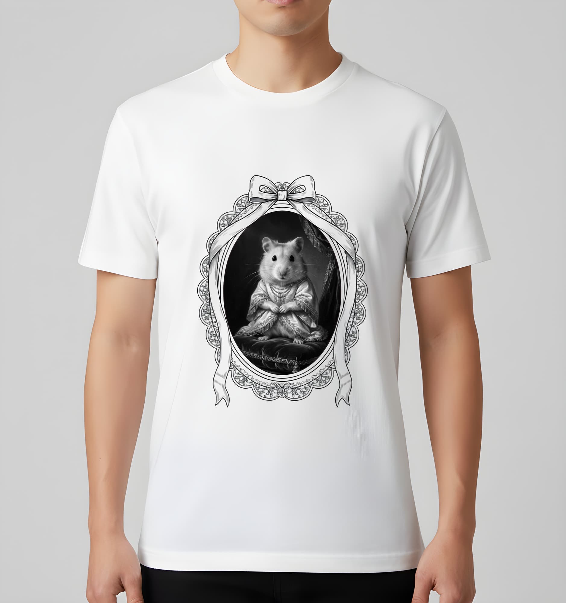 プディングハムスターのルネサンス肖像画Tシャツ(ホワイト・モノクロプリント・額縁デザインあり) 3
