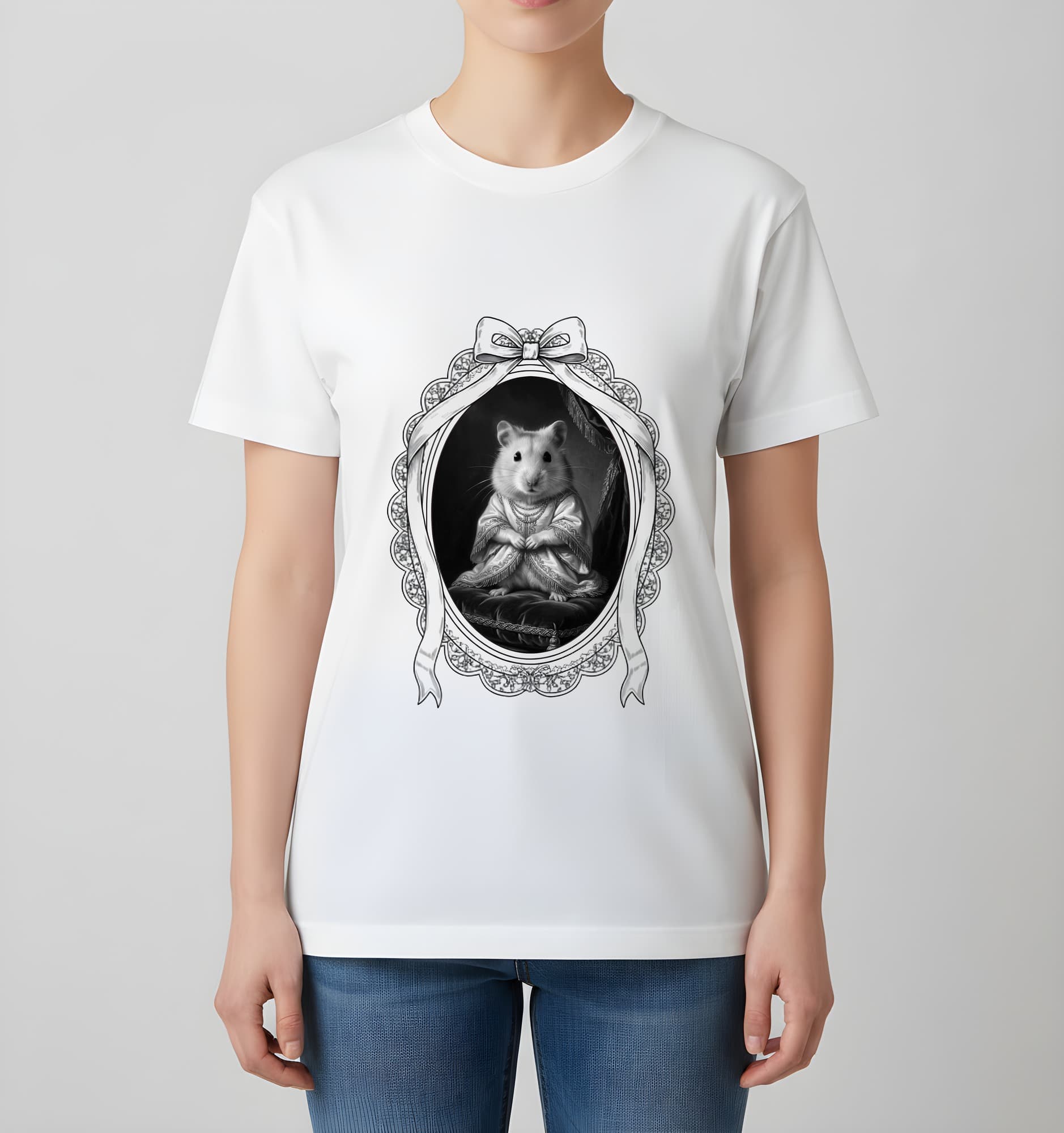 プディングハムスターのルネサンス肖像画Tシャツ(ホワイト・モノクロプリント・額縁デザインあり) 4