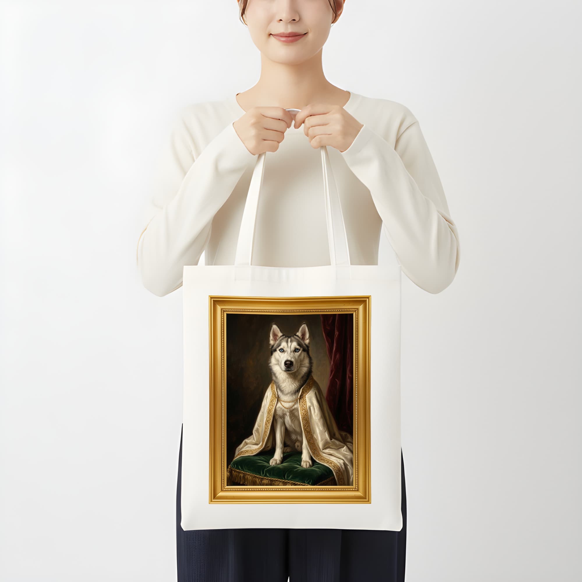 シベリアンハスキーのルネサンス肖像画トートバッグ(カラープリント・額縁デザインあり) 3