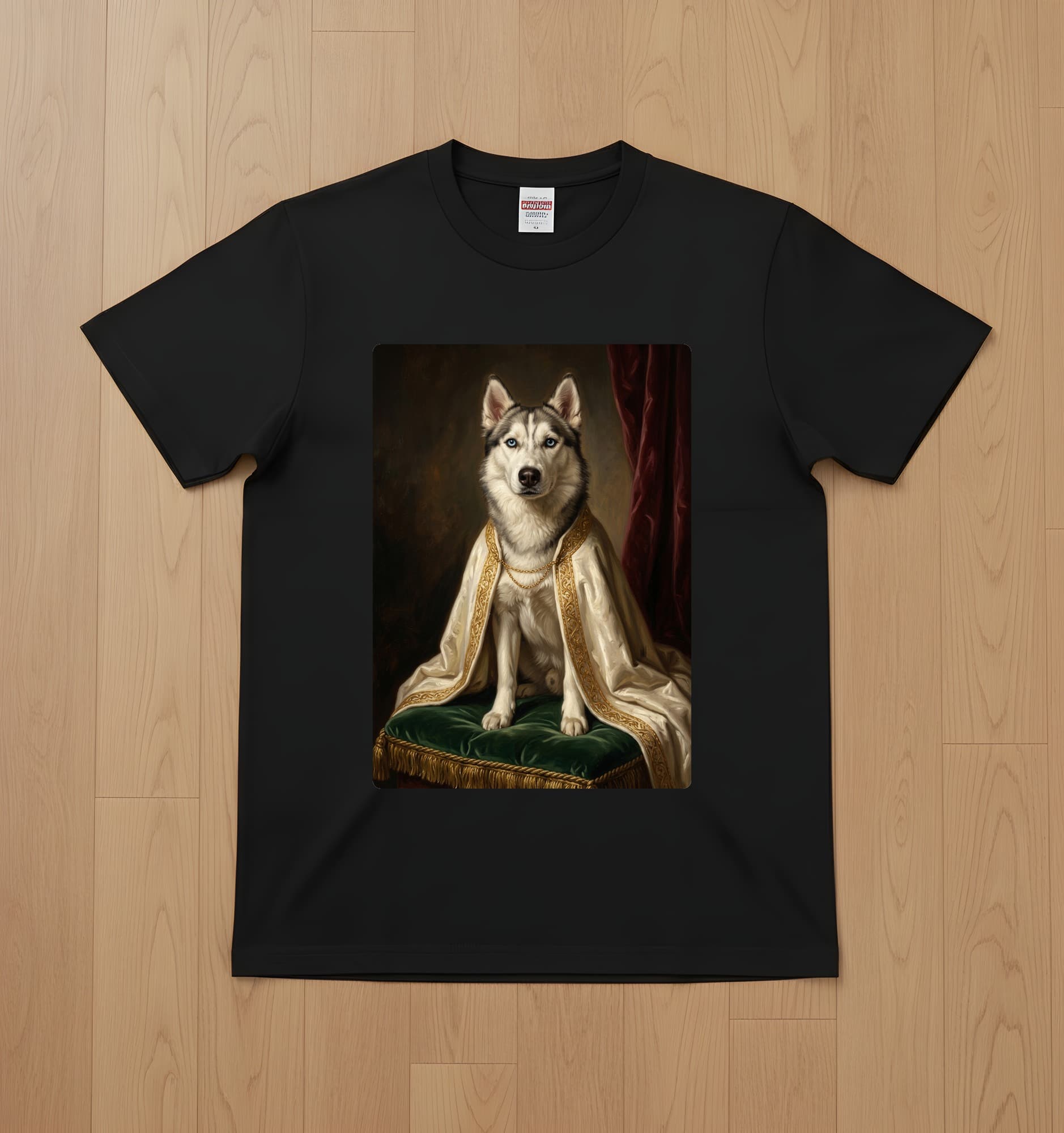 シベリアンハスキーのルネサンス肖像画Tシャツ(ブラック・カラープリント・額縁なし)