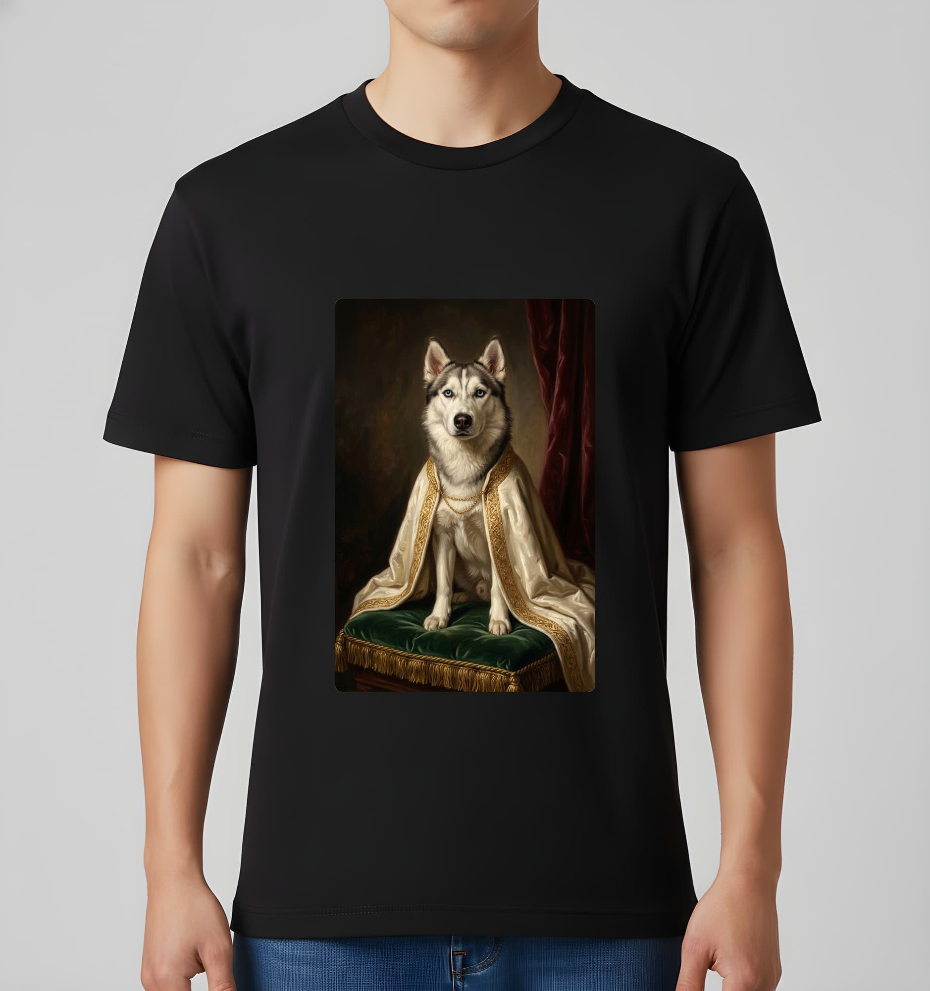 シベリアンハスキーのルネサンス肖像画Tシャツ(ブラック・カラープリント・額縁なし) 3
