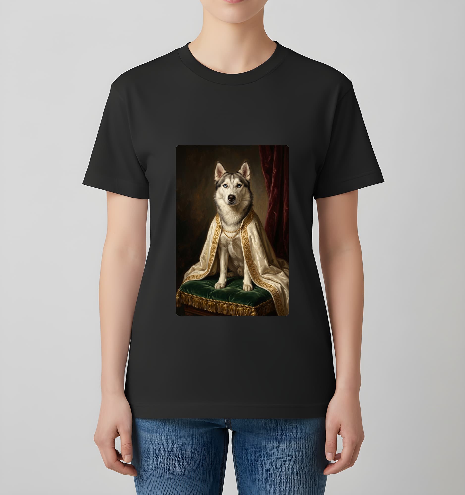 シベリアンハスキーのルネサンス肖像画Tシャツ(ブラック・カラープリント・額縁なし) 4