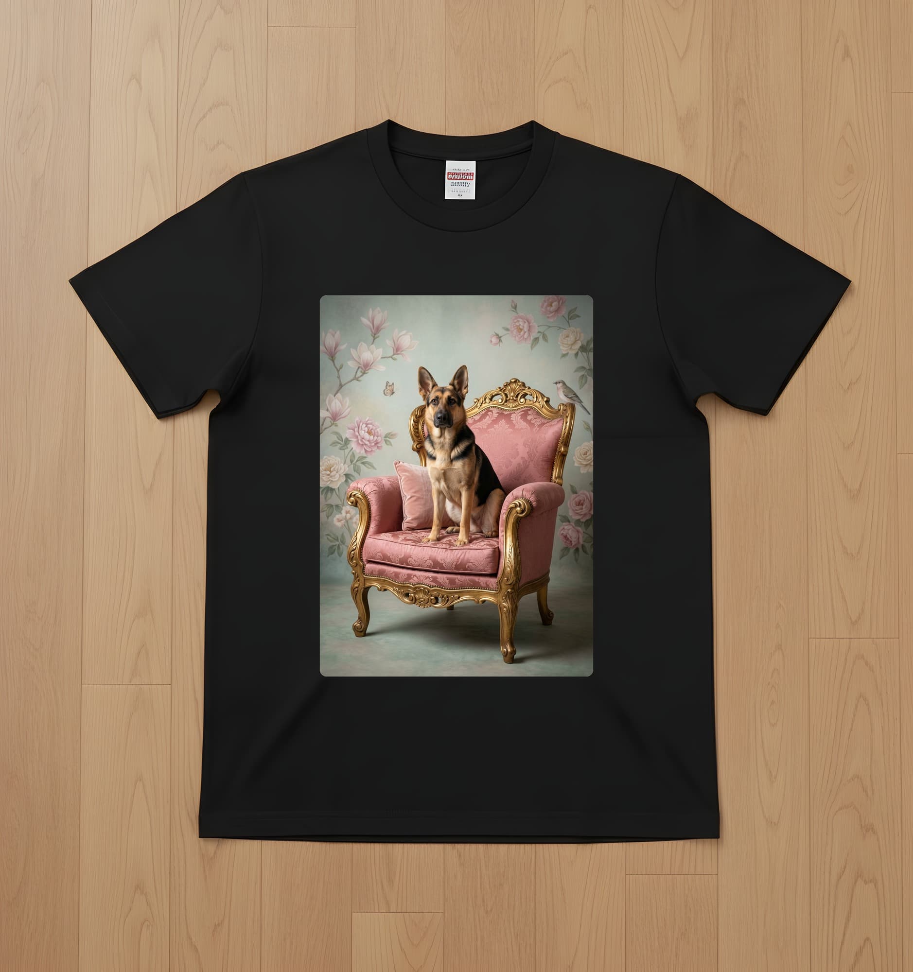ジャーマンシェパードのシャビーピンクの油絵風アートロココ調Tシャツ(ブラック)