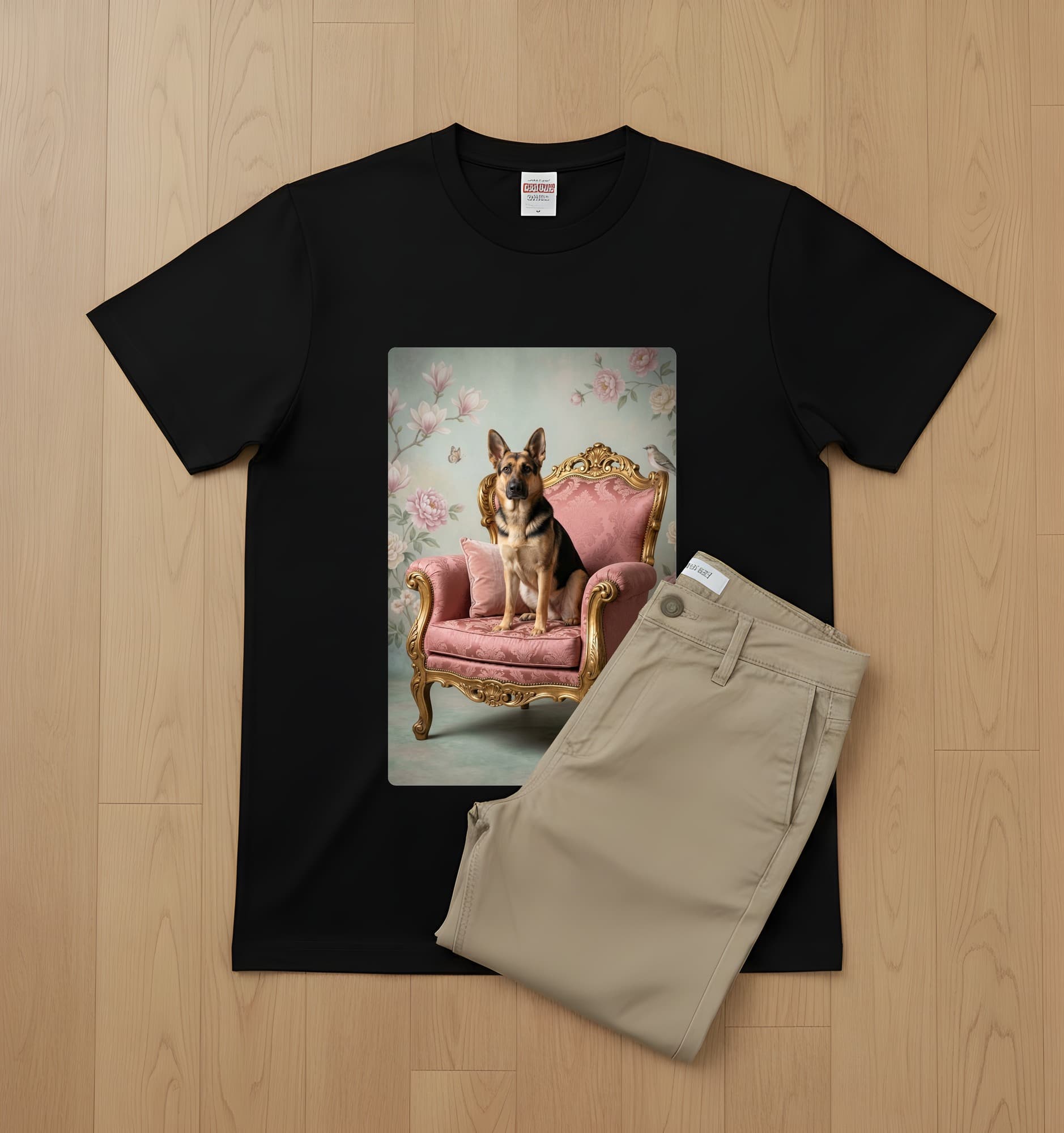 German shepherd Shabby Pink Oil-Painting Rococo T-Shirt (Black) 2