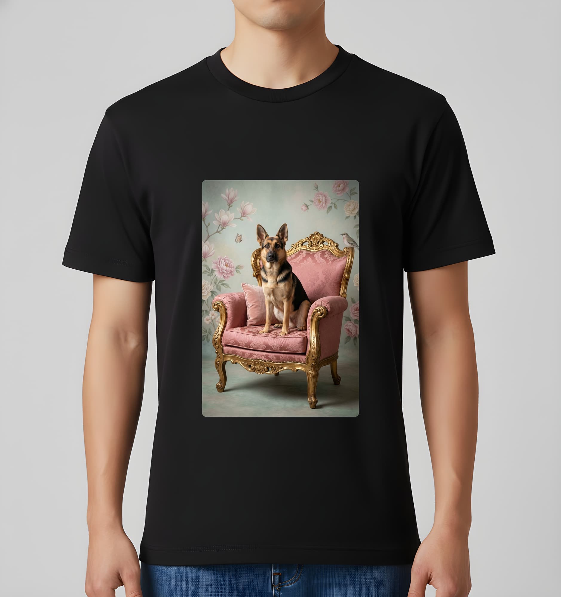German shepherd Shabby Pink Oil-Painting Rococo T-Shirt (Black) 3
