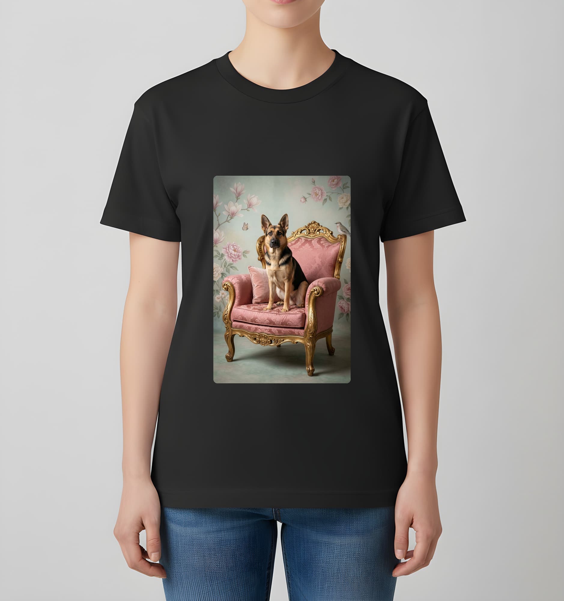 German shepherd Shabby Pink Oil-Painting Rococo T-Shirt (Black) 4