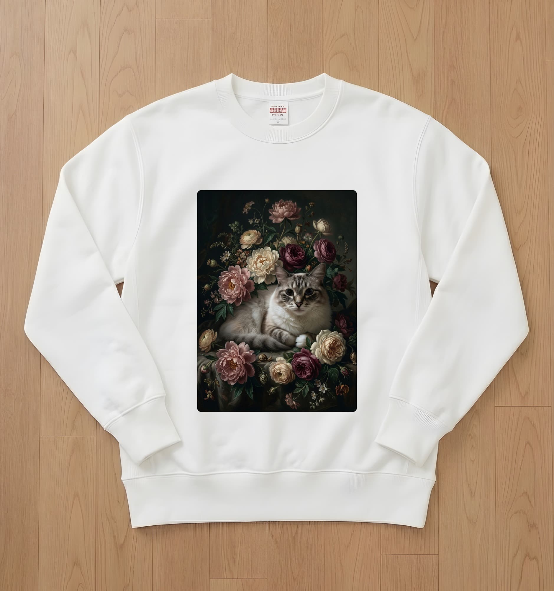 ラグドールの花の油絵風アート花柄トレーナー(ホワイト)
