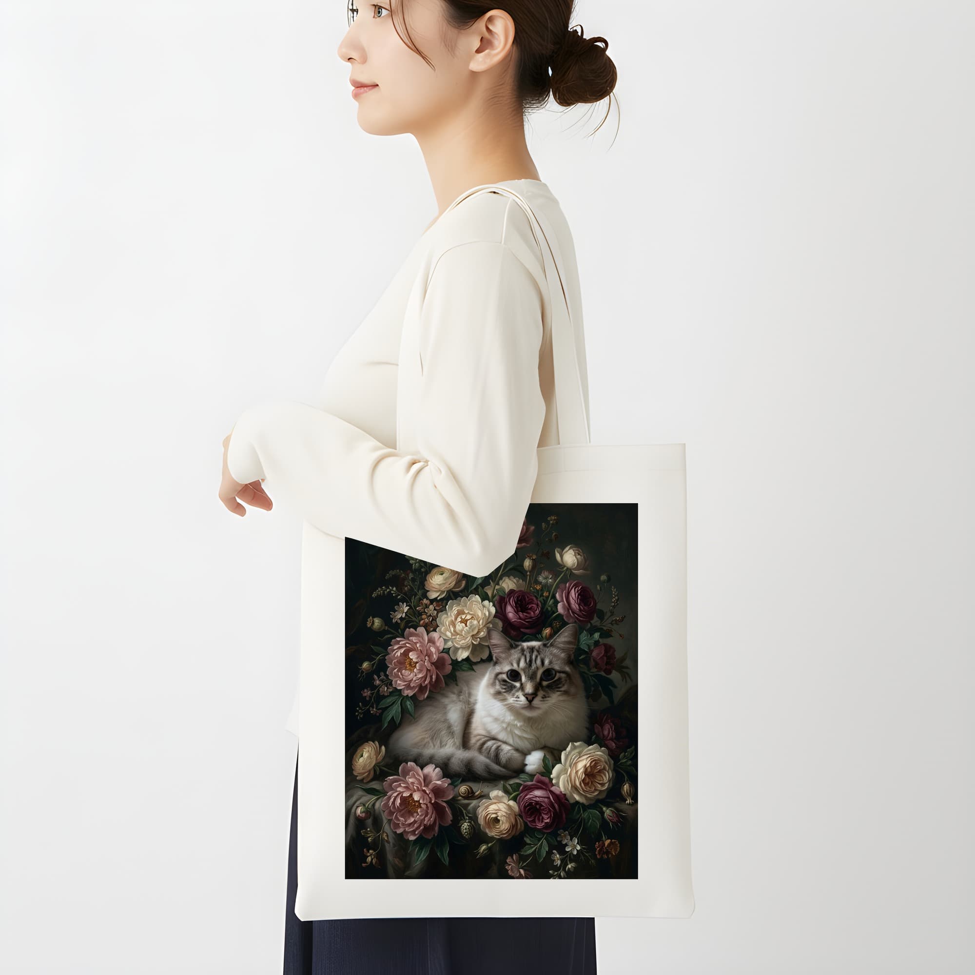 ラグドールの花の油絵風アート花柄トートバッグ 2