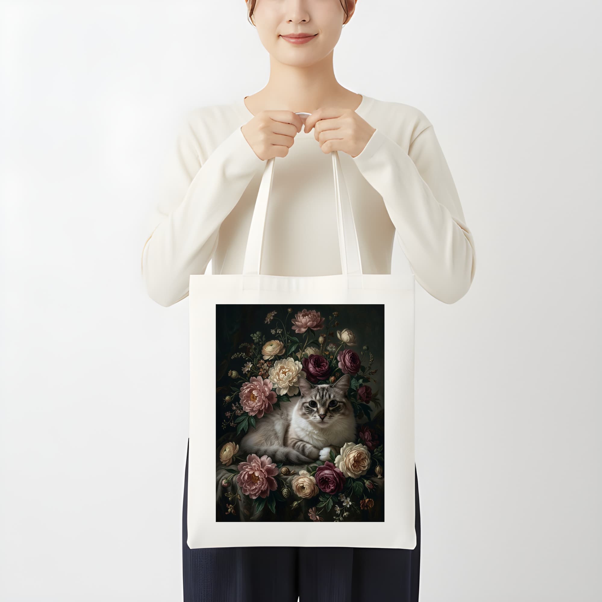ラグドールの花の油絵風アート花柄トートバッグ 3