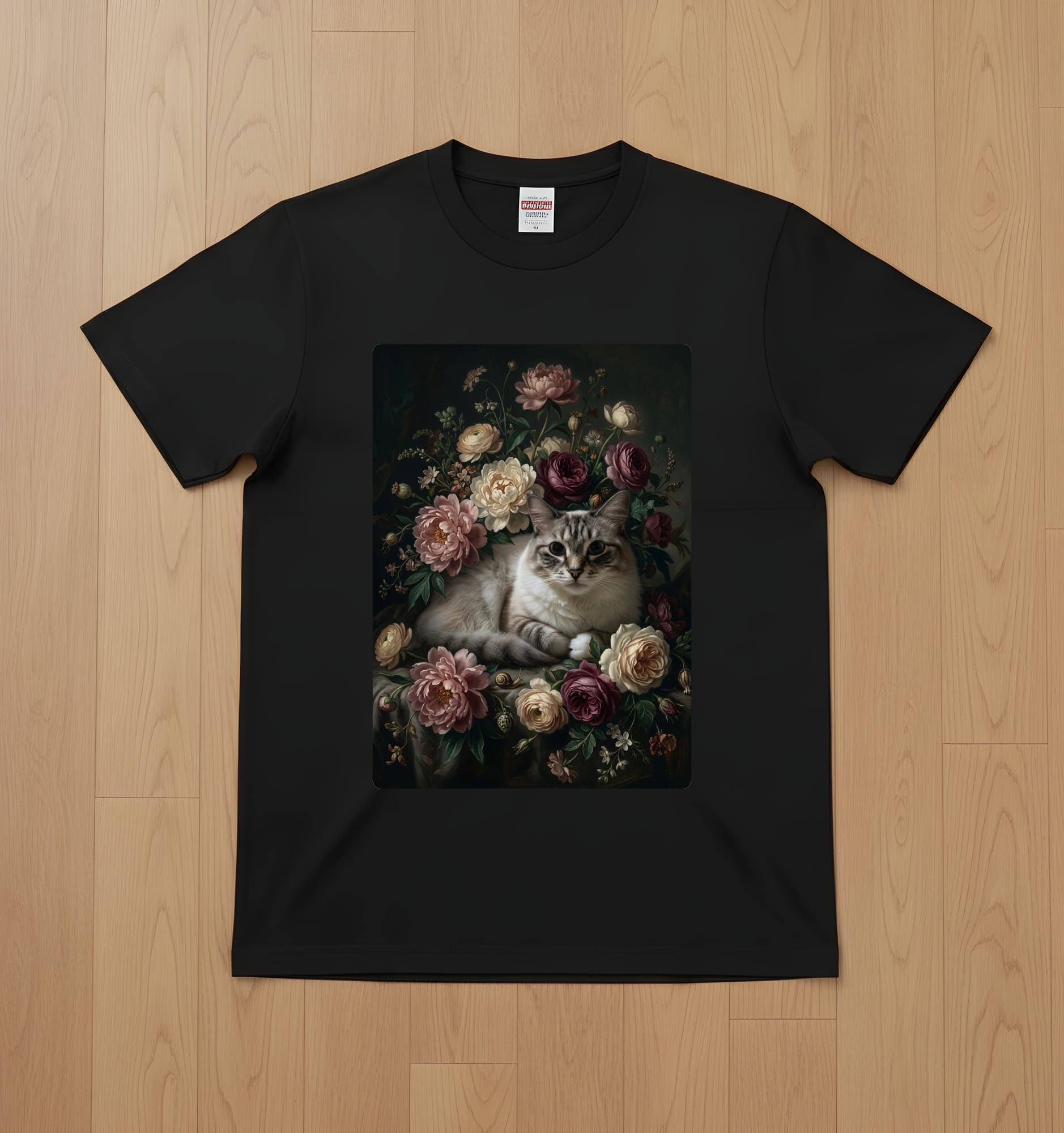 Ragdoll Floral Oil-Painting Floral T-Shirt (Black)