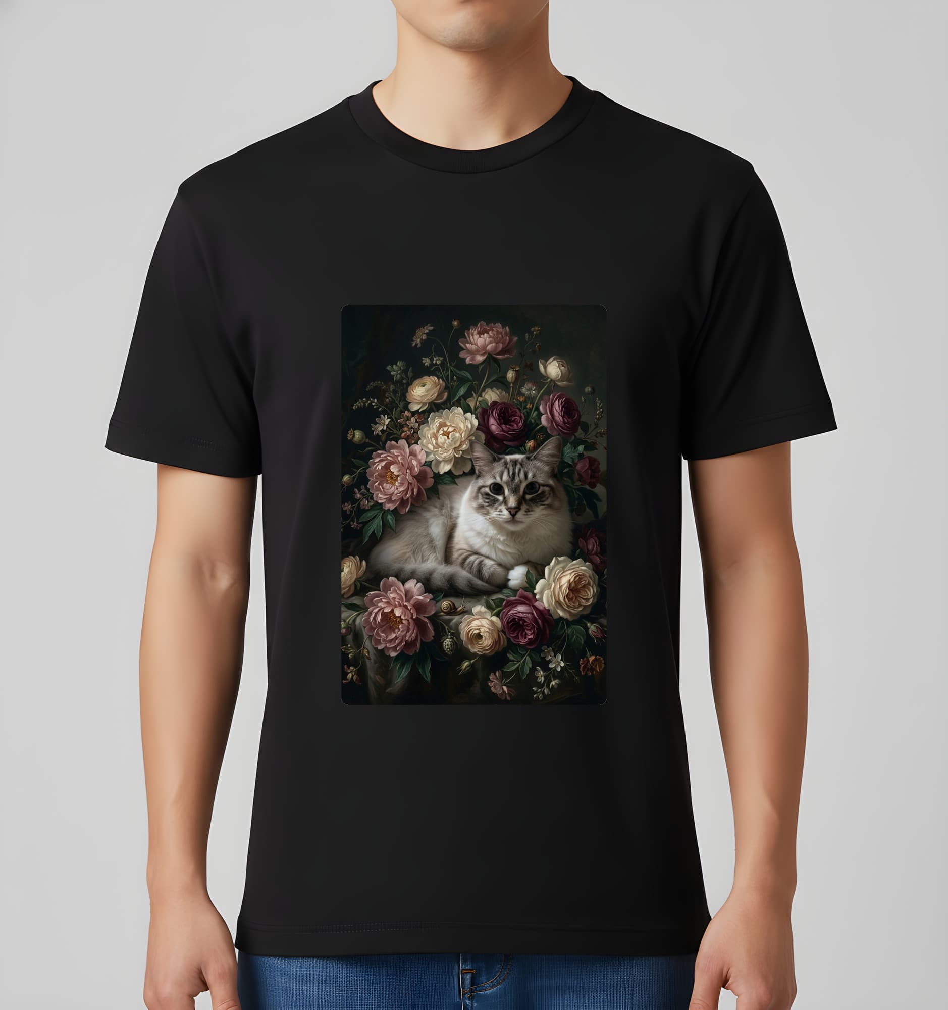 Ragdoll Floral Oil-Painting Floral T-Shirt (Black) 3