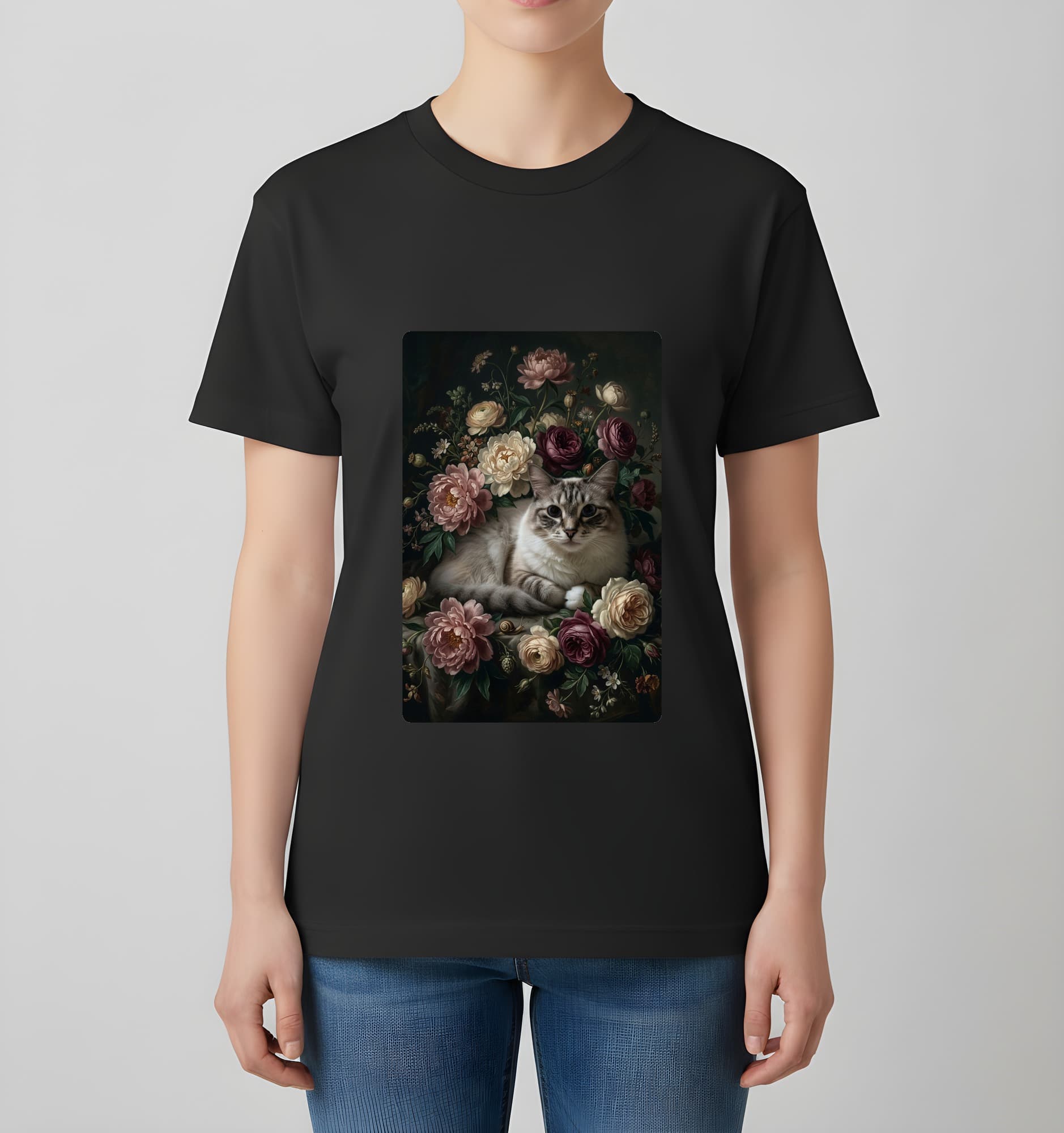 Ragdoll Floral Oil-Painting Floral T-Shirt (Black) 4