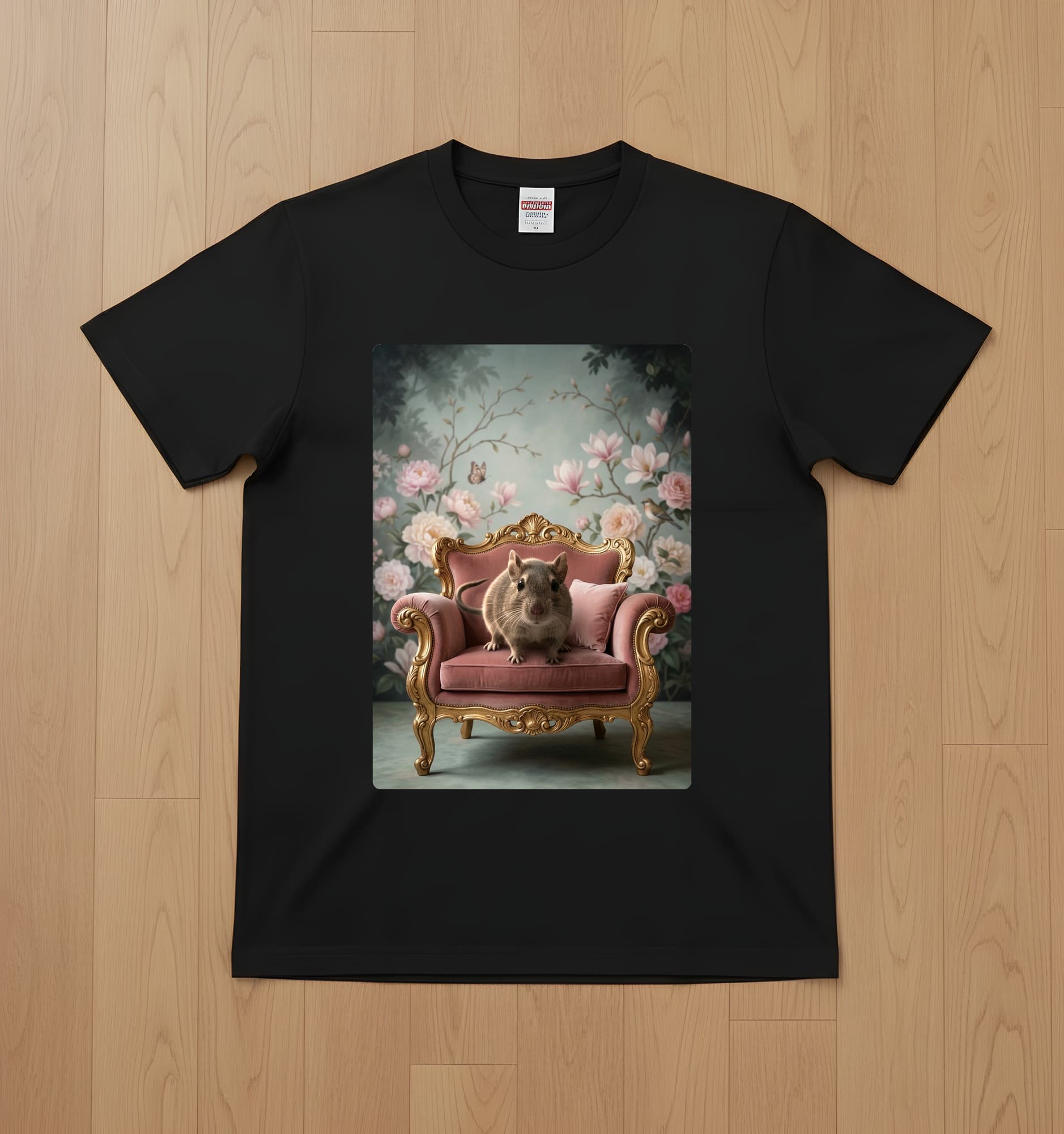 デグーのシャビーピンクの油絵風アートロココ調Tシャツ(ブラック)
