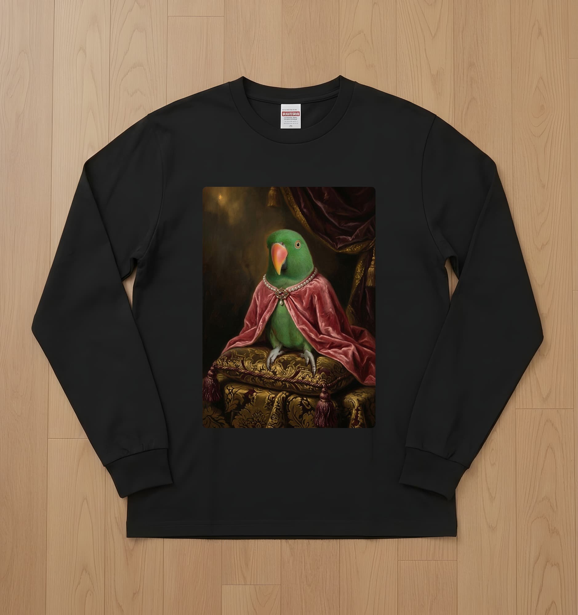 オオハナインコのルネサンス肖像画長袖Tシャツ(ブラック)