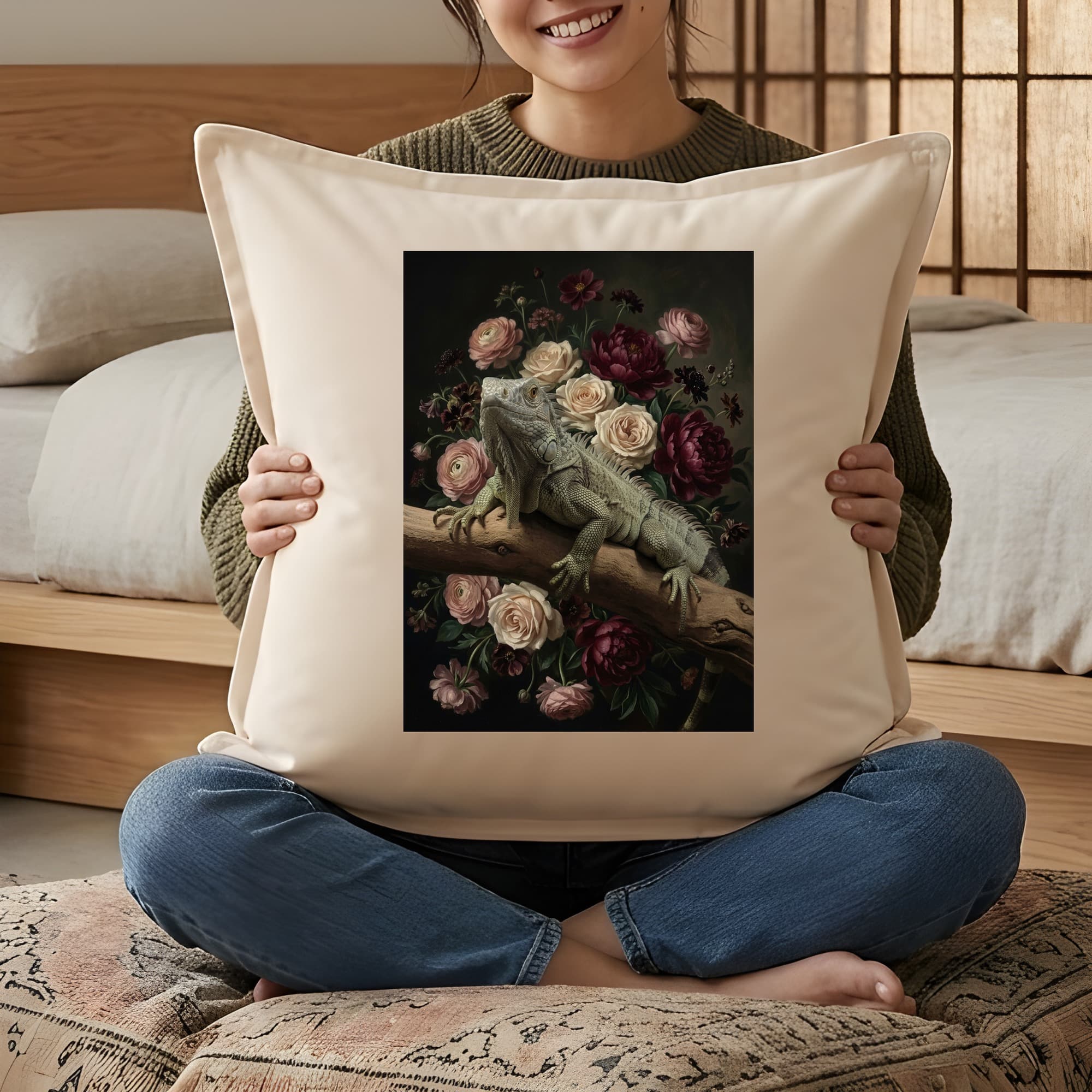 トゲオイグアナの花の油絵風アート花柄クッション 3