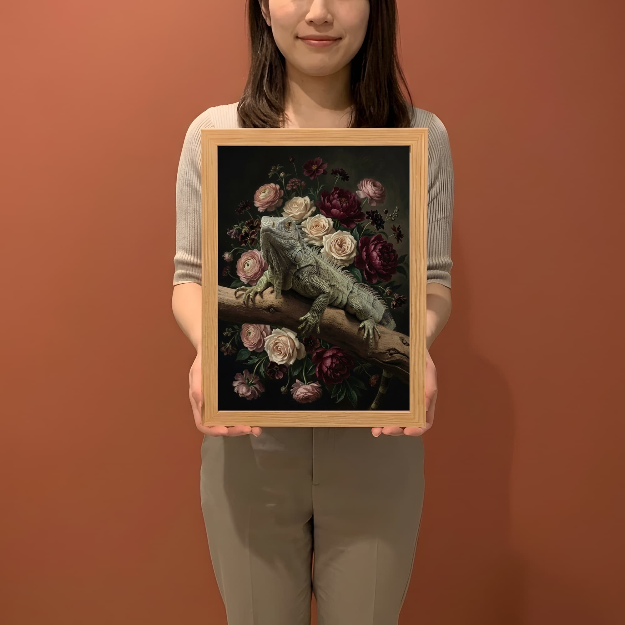 Spiny-tailed Iguana Floral Oil-Painting Floral Framed Art Print (A4) 2
