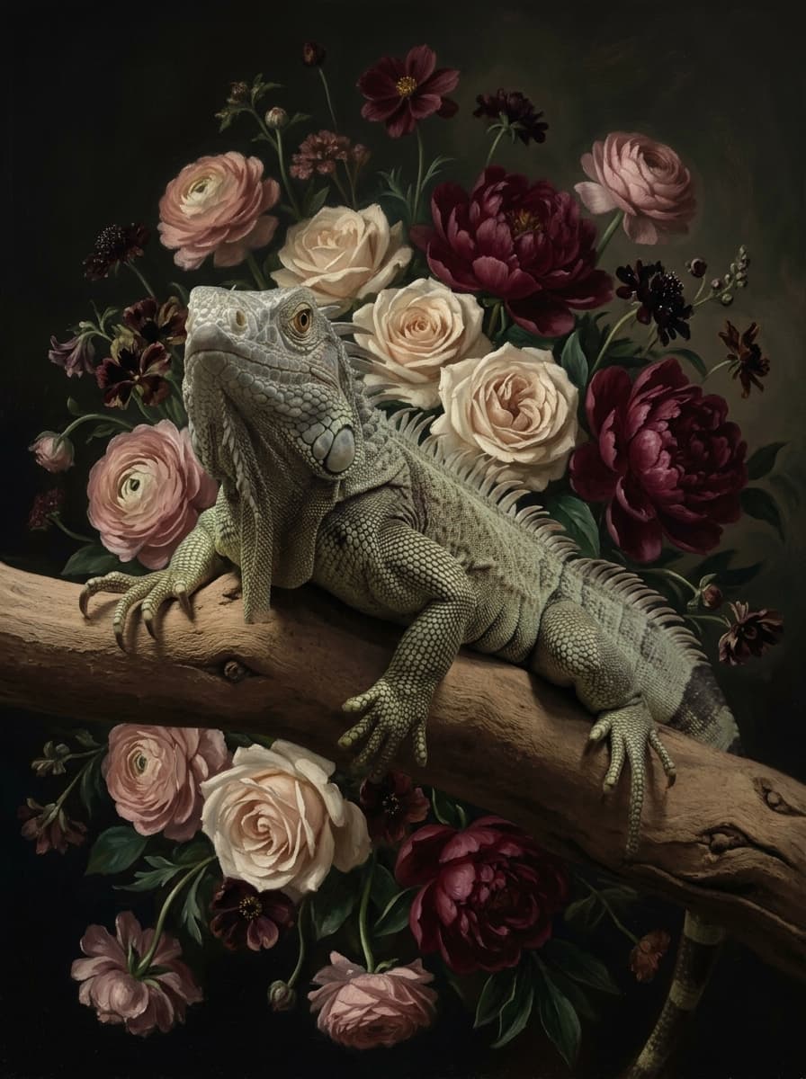 Spiny-tailed Iguana Floral Oil-Painting Floral Framed Art Print (A4) 4