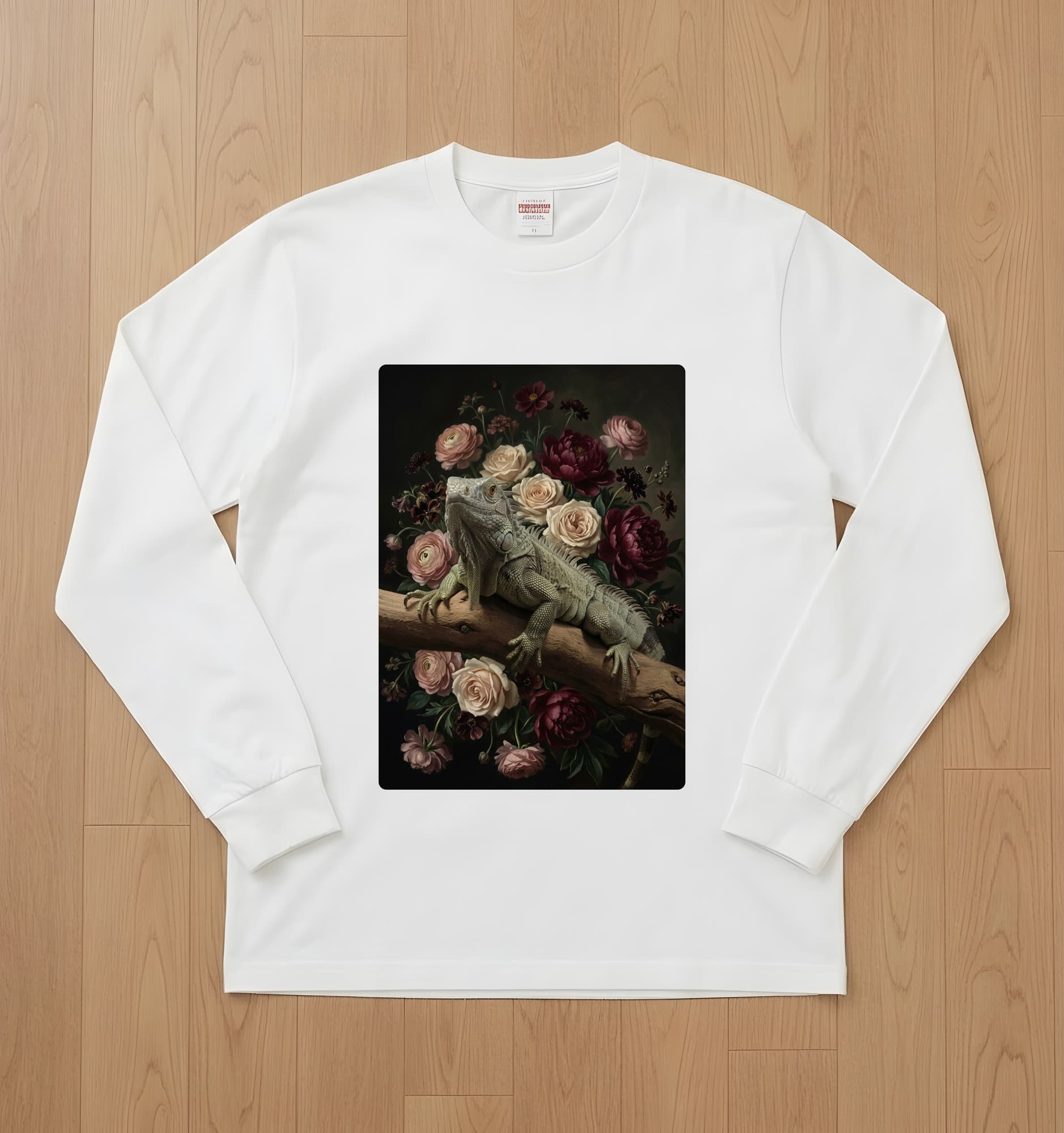 トゲオイグアナの花の油絵風アート花柄長袖Tシャツ(ホワイト)