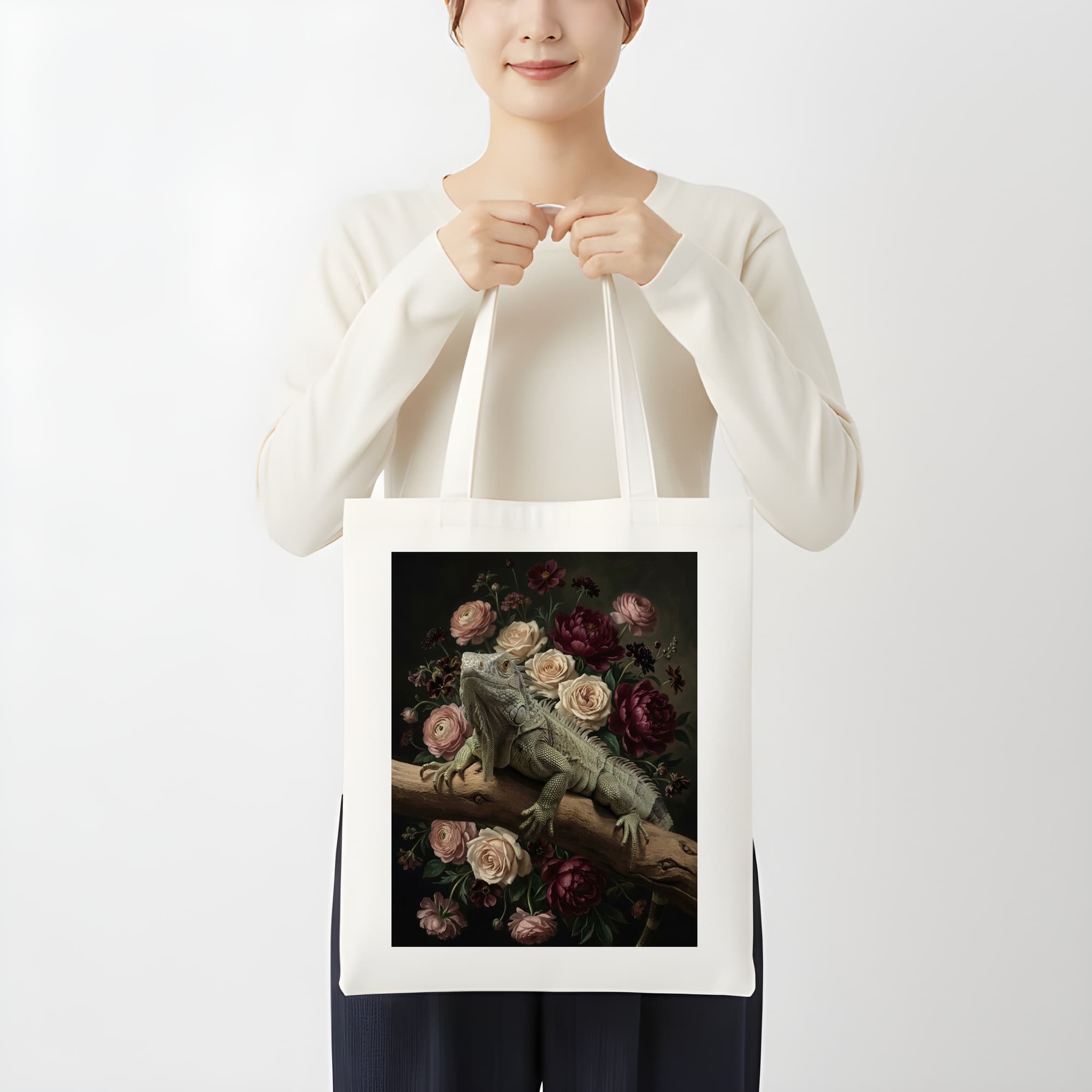 トゲオイグアナの花の油絵風アート花柄トートバッグ 3
