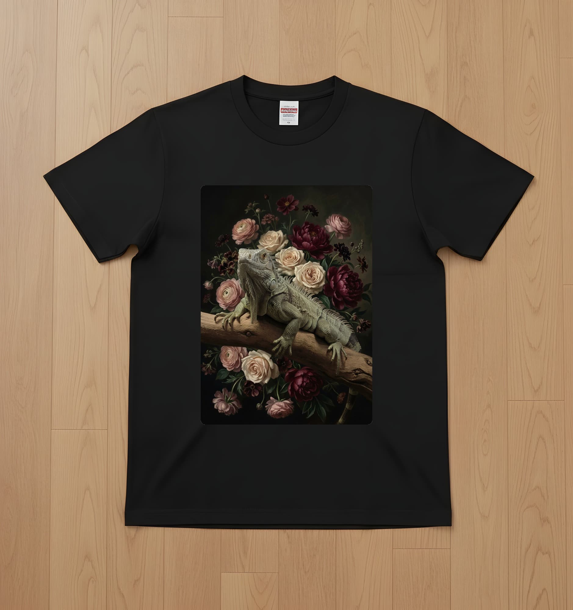 Spiny-tailed Iguana Floral Oil-Painting Floral T-Shirt (Black)
