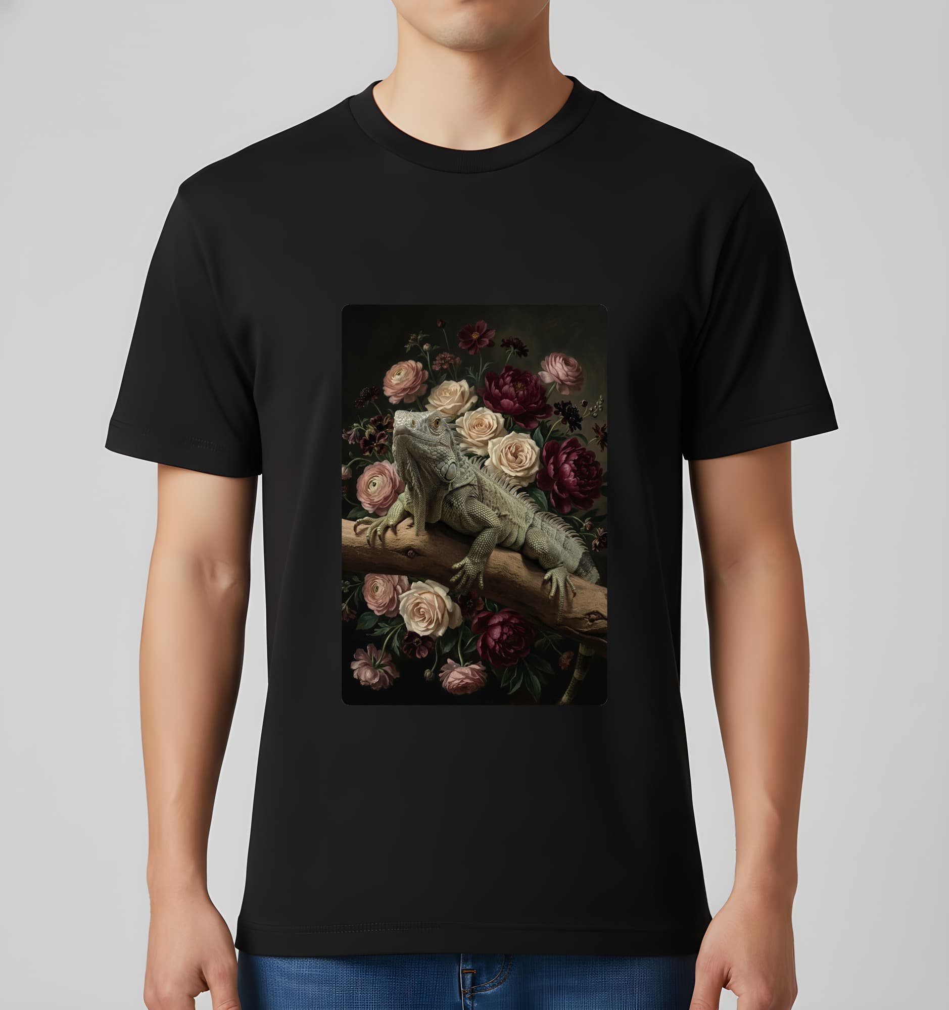 Spiny-tailed Iguana Floral Oil-Painting Floral T-Shirt (Black) 3