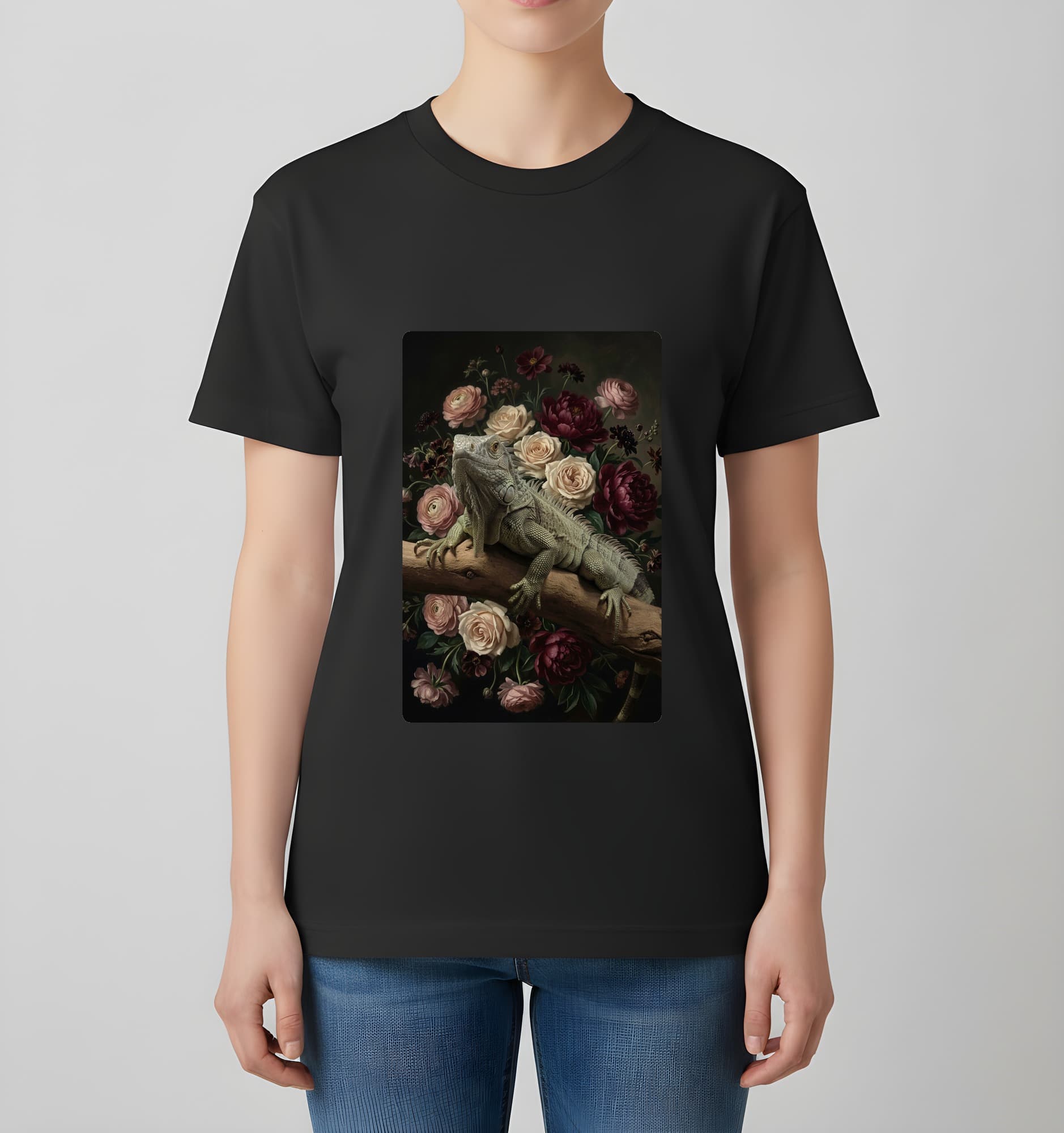 Spiny-tailed Iguana Floral Oil-Painting Floral T-Shirt (Black) 4