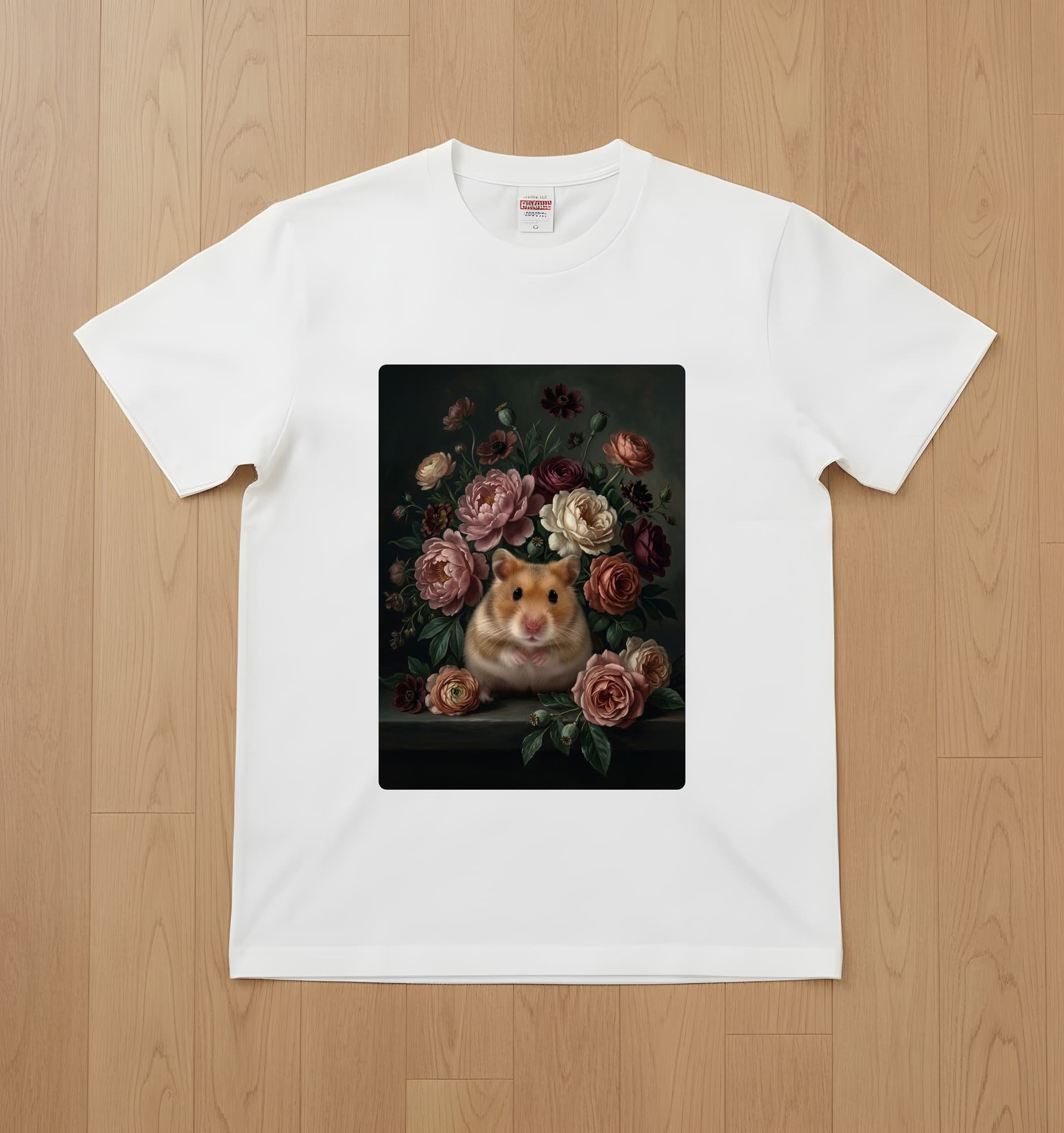 キンクマハムスターの花の油絵風アート花柄Tシャツ(ホワイト)