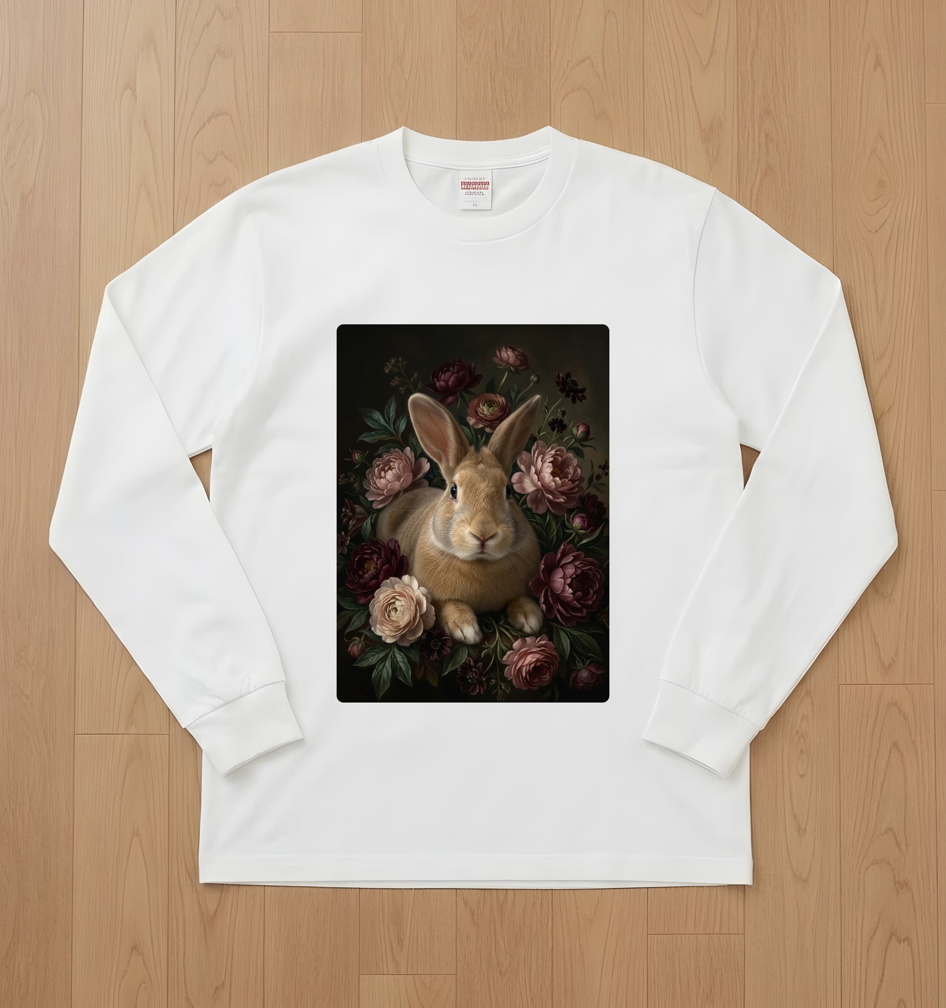 フレミッシュジャイアントの花の油絵風アート花柄長袖Tシャツ(ホワイト)