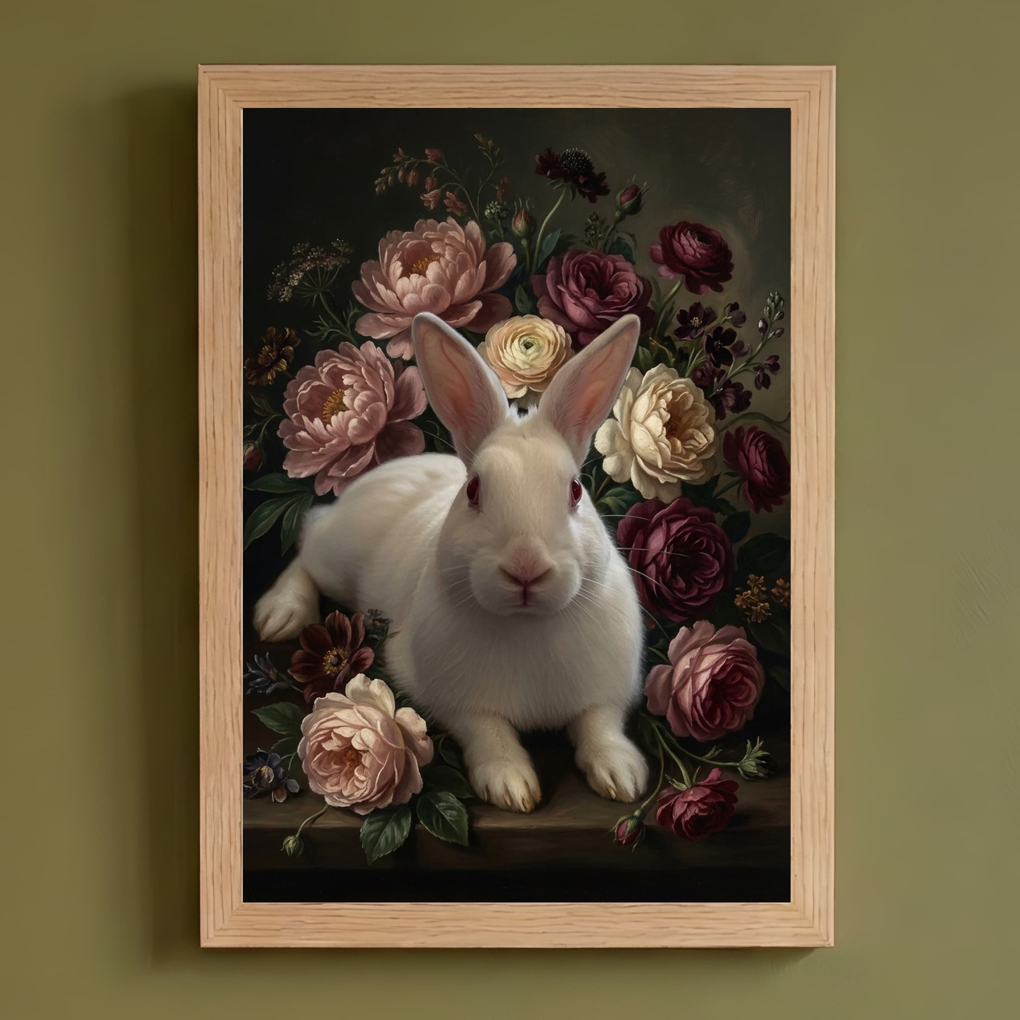 ニュージーランドホワイトの花の油絵風アート花柄額装プリント(A4サイズ)