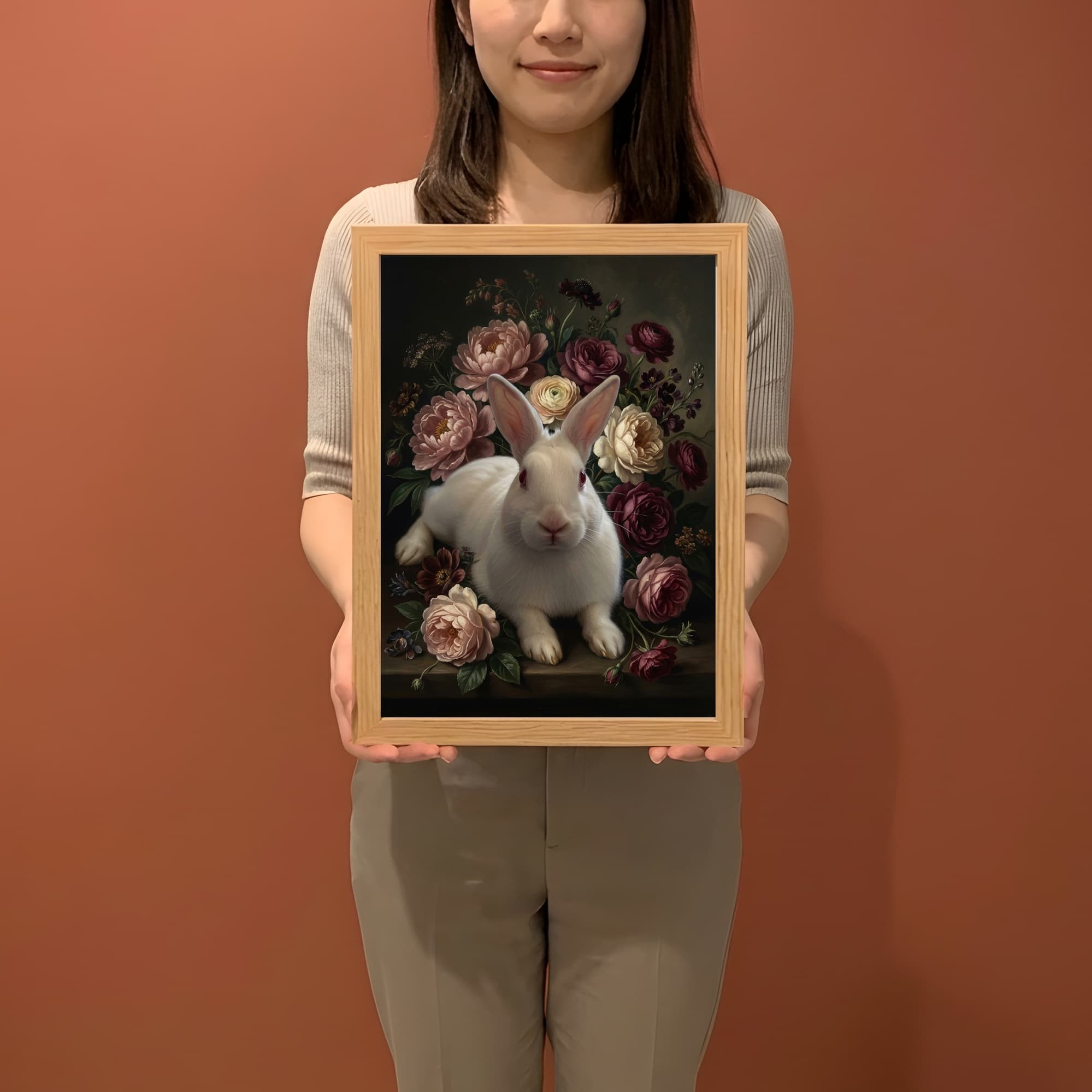 ニュージーランドホワイトの花の油絵風アート花柄額装プリント(A3サイズ) 2