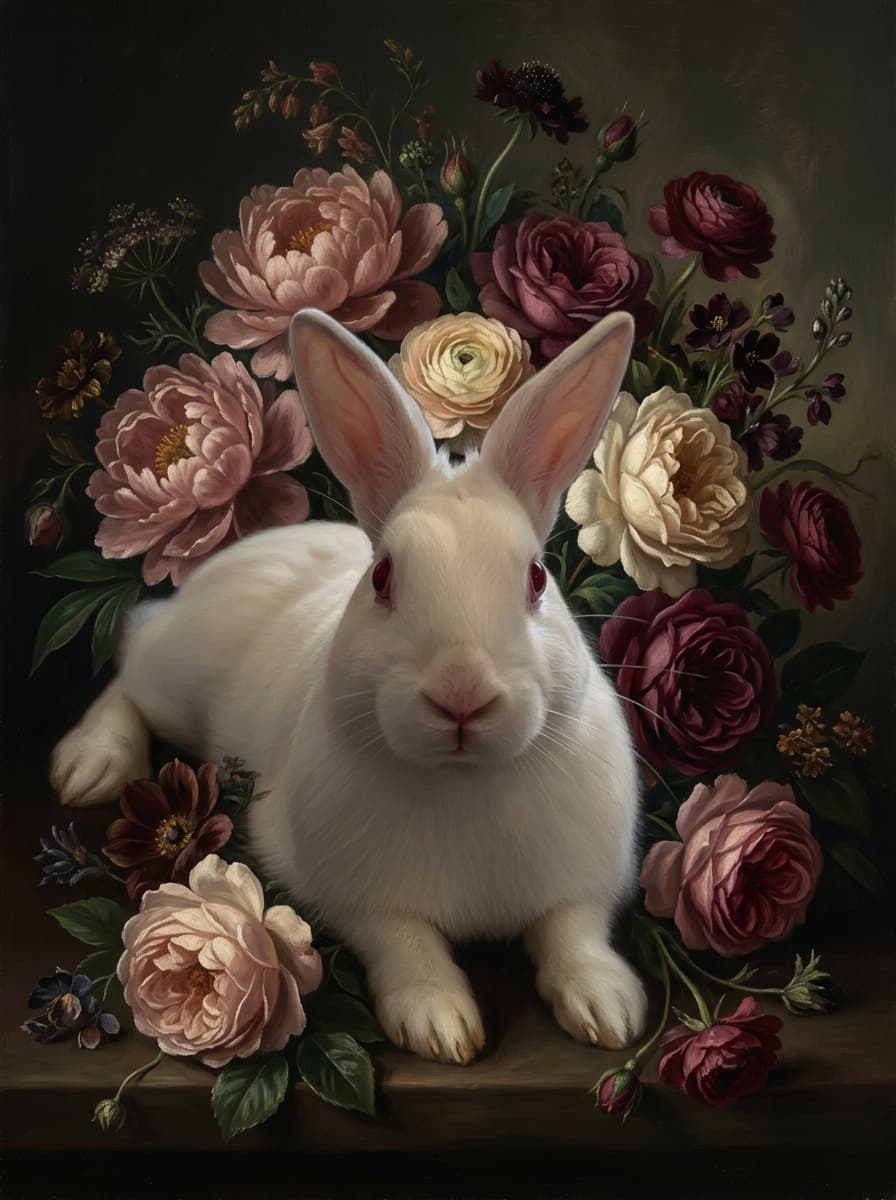 ニュージーランドホワイトの花の油絵風アート花柄額装プリント(A3サイズ) 4