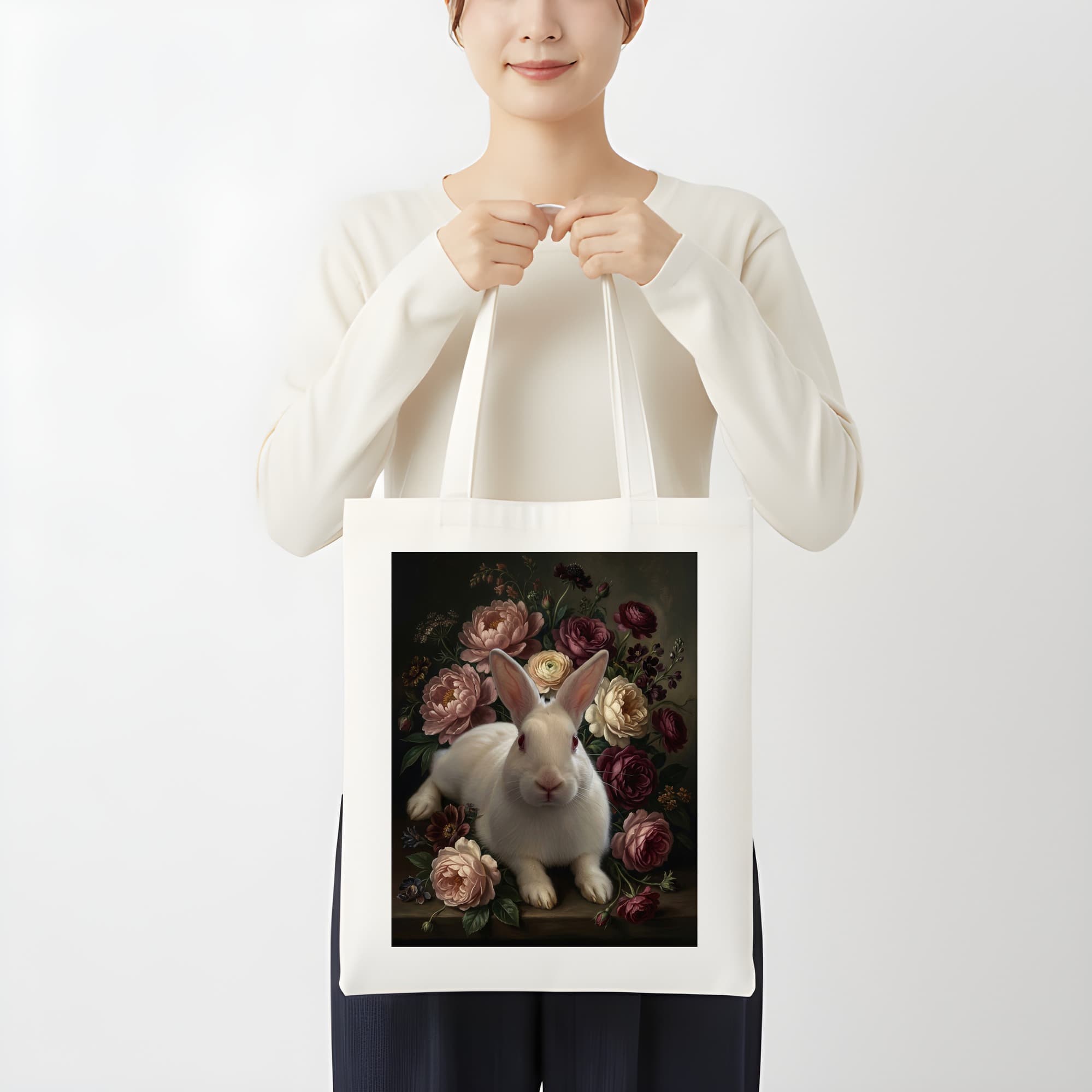 ニュージーランドホワイトの花の油絵風アート花柄トートバッグ 3