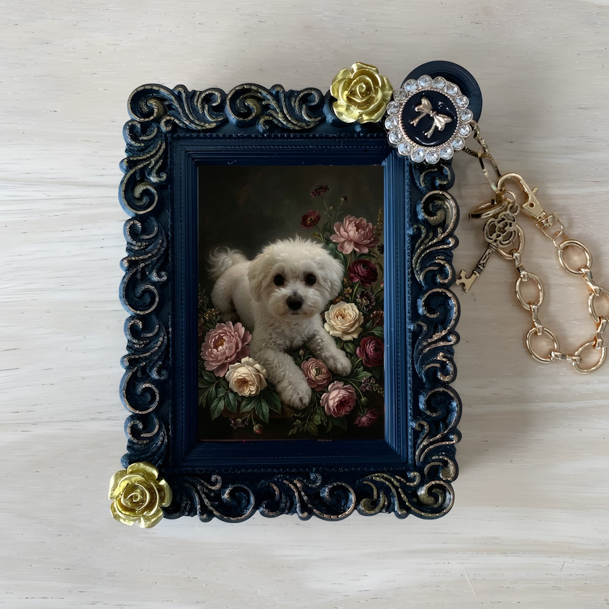 bichon frise Floral Oil-Painting Floral Bag Charm (Black)