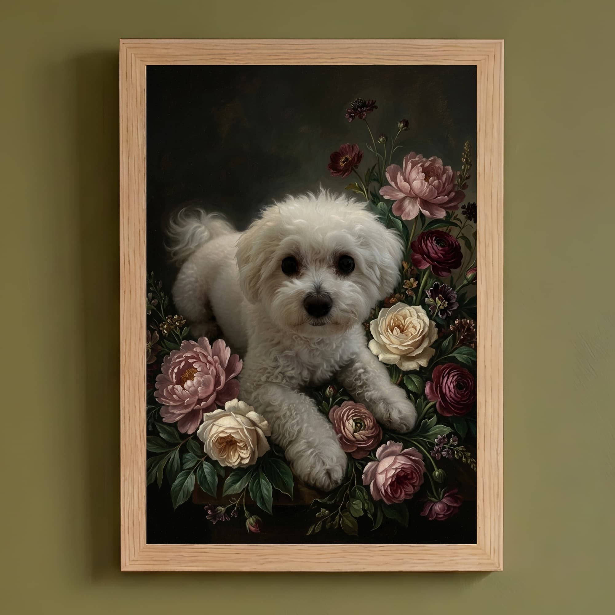 ビションフリーゼの花の油絵風アート花柄額装プリント(A4サイズ)